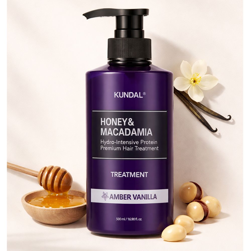 KUNDAL Protein-Haarkur Honey & Macadamia Amber Vanilla Flasche, Honig, Macadamianüsse, Vanilleblüte und -schoten.
