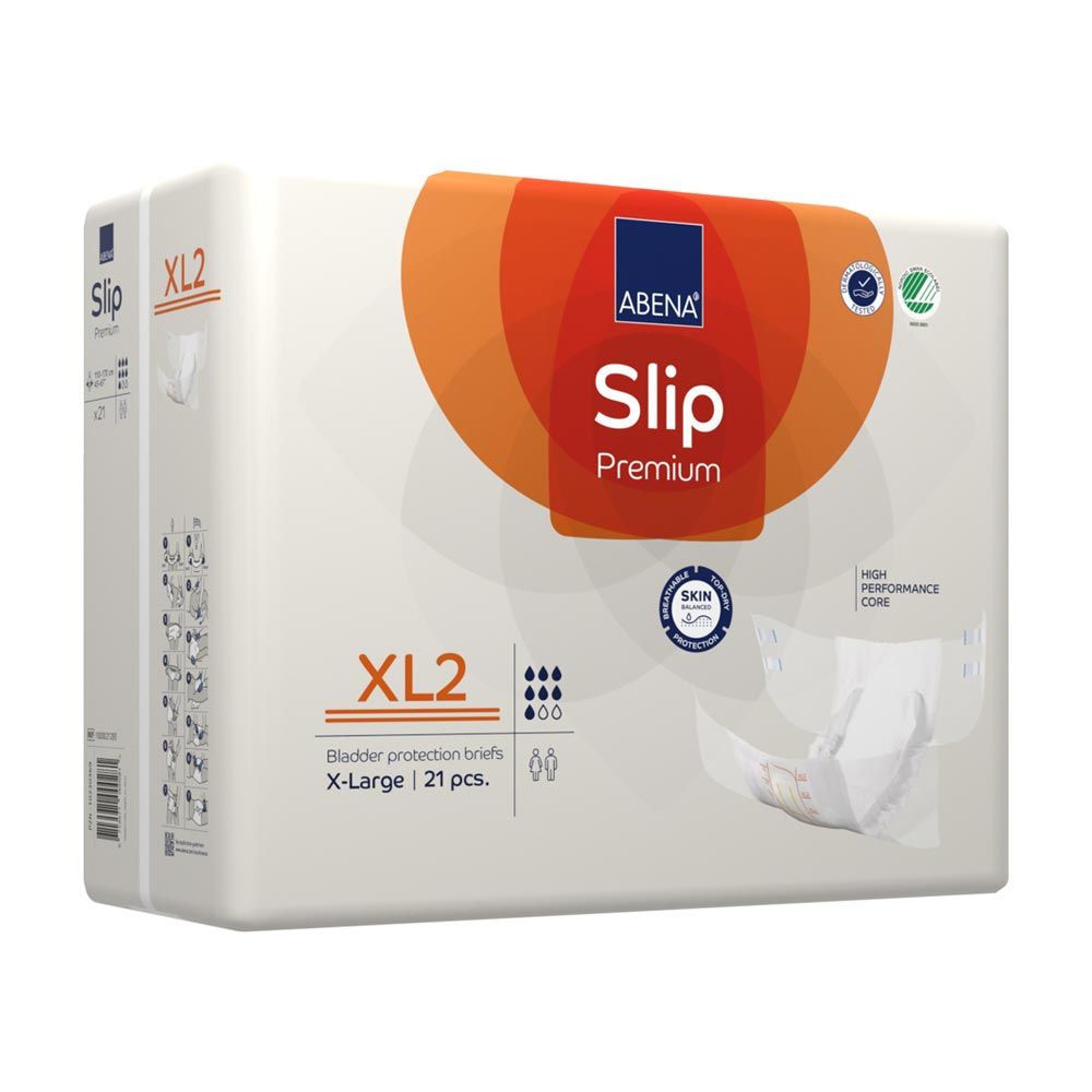 Verpackung ABENA Slip Premium XL2. Weiß mit orangefarbenem Bogen und Produktbezeichnung. XL2-Größe und Anzahl der Windeln angegeben. Zertifizierungen.