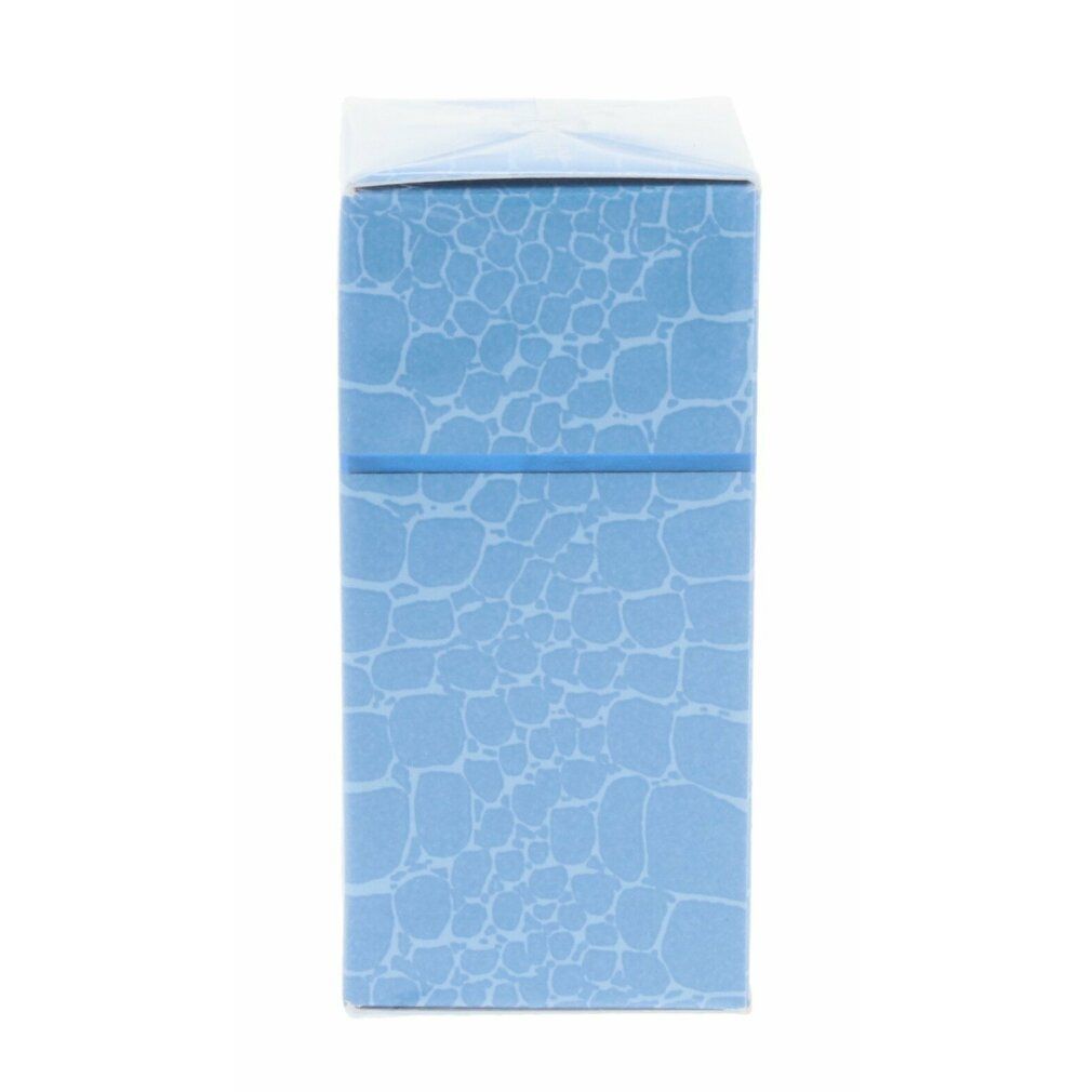 Blaue Schachtel mit Krokodilmuster. Oberseite mit Deckel. Blauer Streifen.