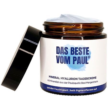 Braune Glasdose mit schwarzem Deckel. Aufschrift: Das Beste vom Paul. Mineral Hyaluron Tagescreme. Deckel daneben.