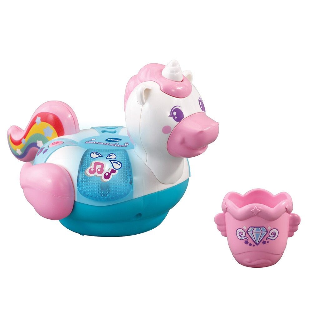 Einhorn-Badespielzeug mit rosa Eimer. Das Einhorn ist weiß, rosa und blau. Der Eimer ist rosa mit einem Diamanten-Design.