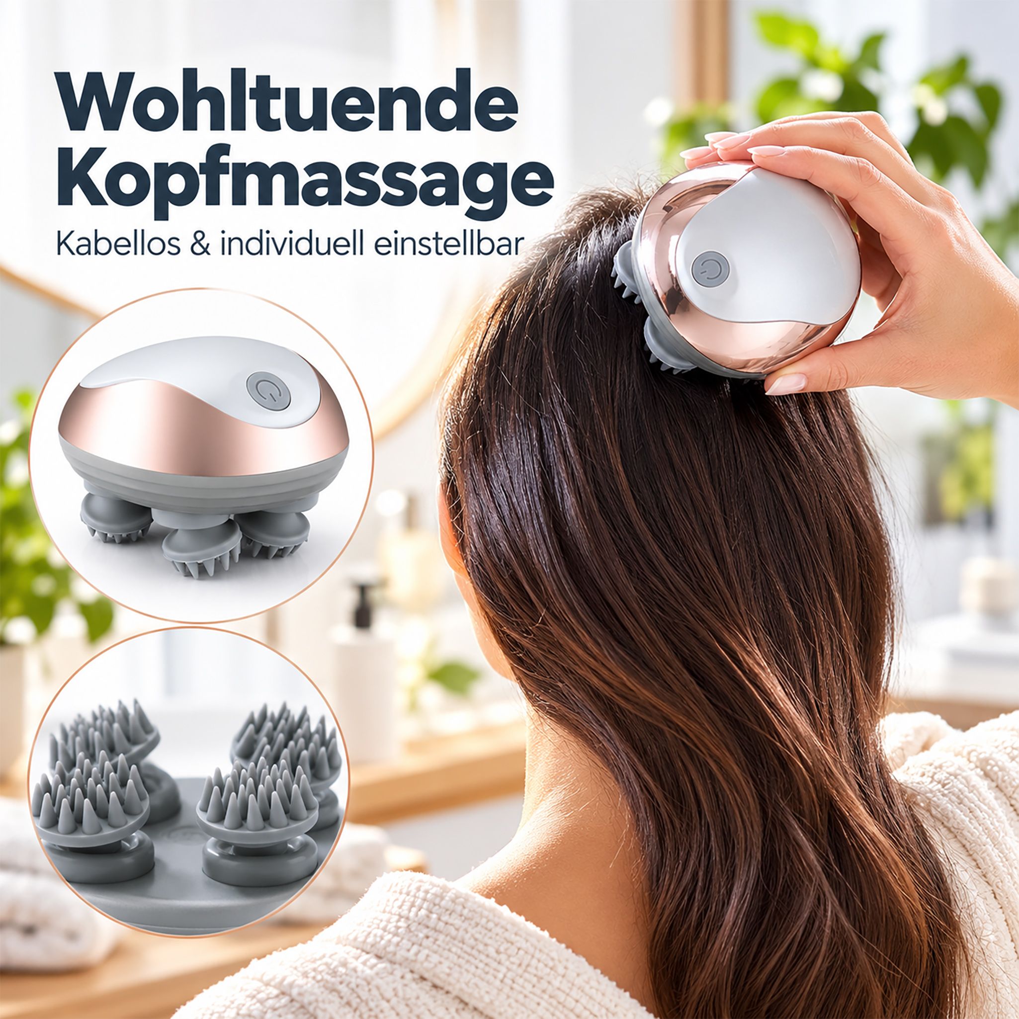 Elektrisches Kopfmassagegerät mit 4 Silikon-Massageköpfen und Ladefunktion.