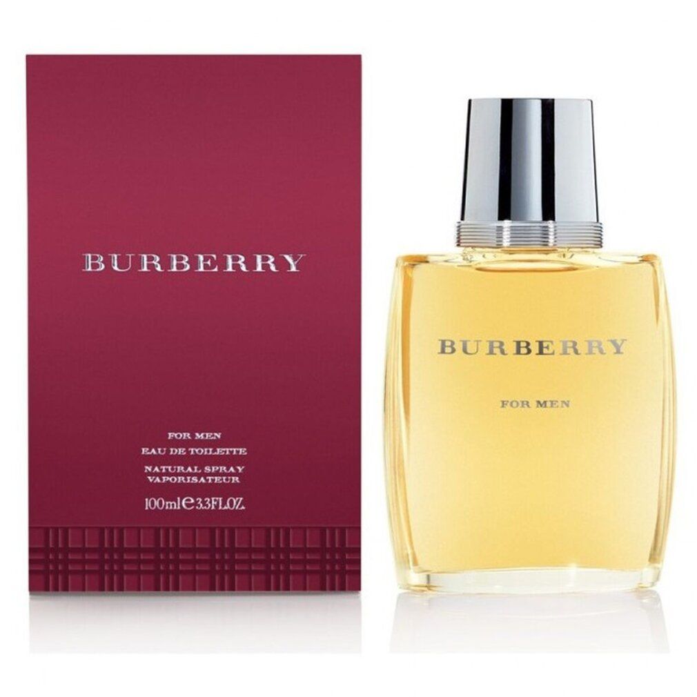 Burberry for Men Eau de Toilette Spray und Flakon. Rote Verpackung, Flakon mit silbernem Verschluss.