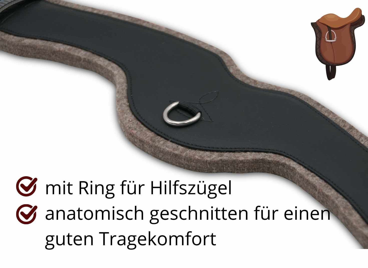 Sattelgurt mit Ring für Hilfszügel. Anatomisch geschnitten für Tragekomfort.