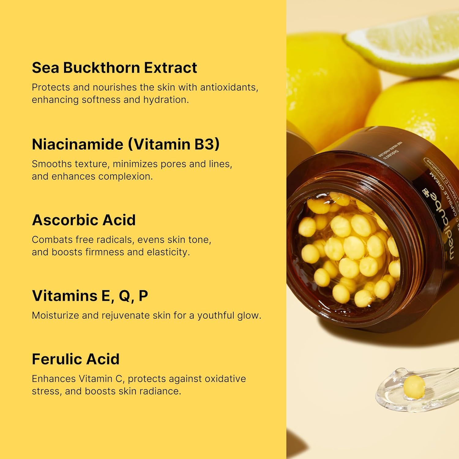 Gelber Hintergrund mit Text über Inhaltsstoffe. Zitrone und Produkt. Inhaltsstoffe: Sea Buckthorn Extract, Niacinamide, Ascorbic Acid.