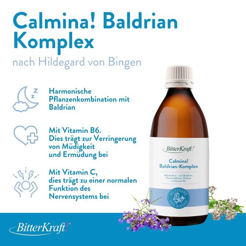 Produktflasche neben Text und Illustrationen. Text: Calmina! Baldrian-Komplex. Enthält Baldrian, Passionsblume, Melisse und Lavendel. Marke: BitterKraft!
