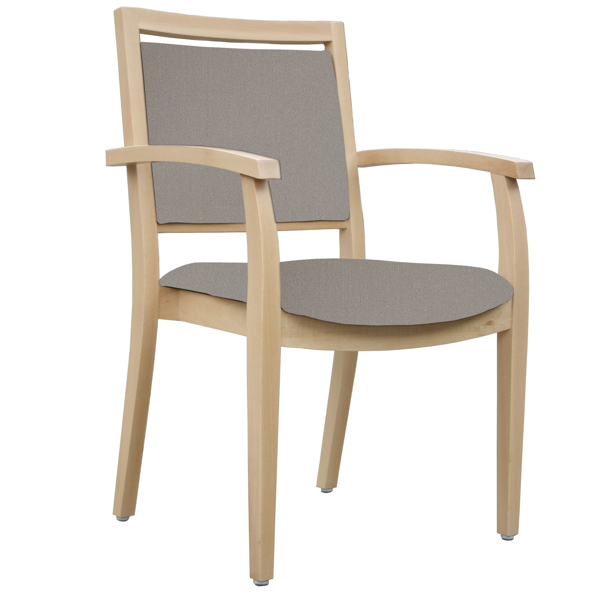 Stuhl mit Armlehnen. Holzrahmen, graue Sitz- und Rückenfläche. Gerades Design, helle Holzfarbe.