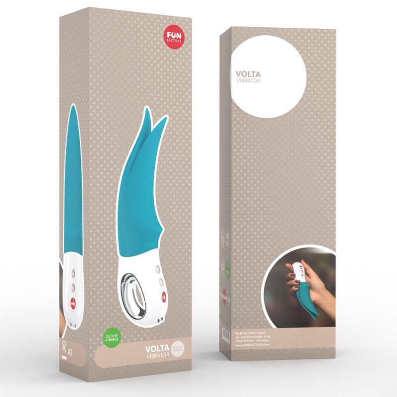 Verpackung für einen türkisfarbenen Vibrator mit weißem Griff.