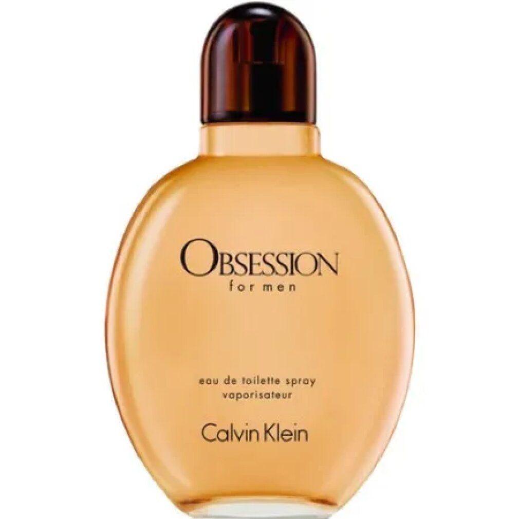 Runder Flakon mit bernsteinfarbener Flüssigkeit und braunem Verschluss. Aufschrift "OBSESSION for men" und "Calvin Klein".