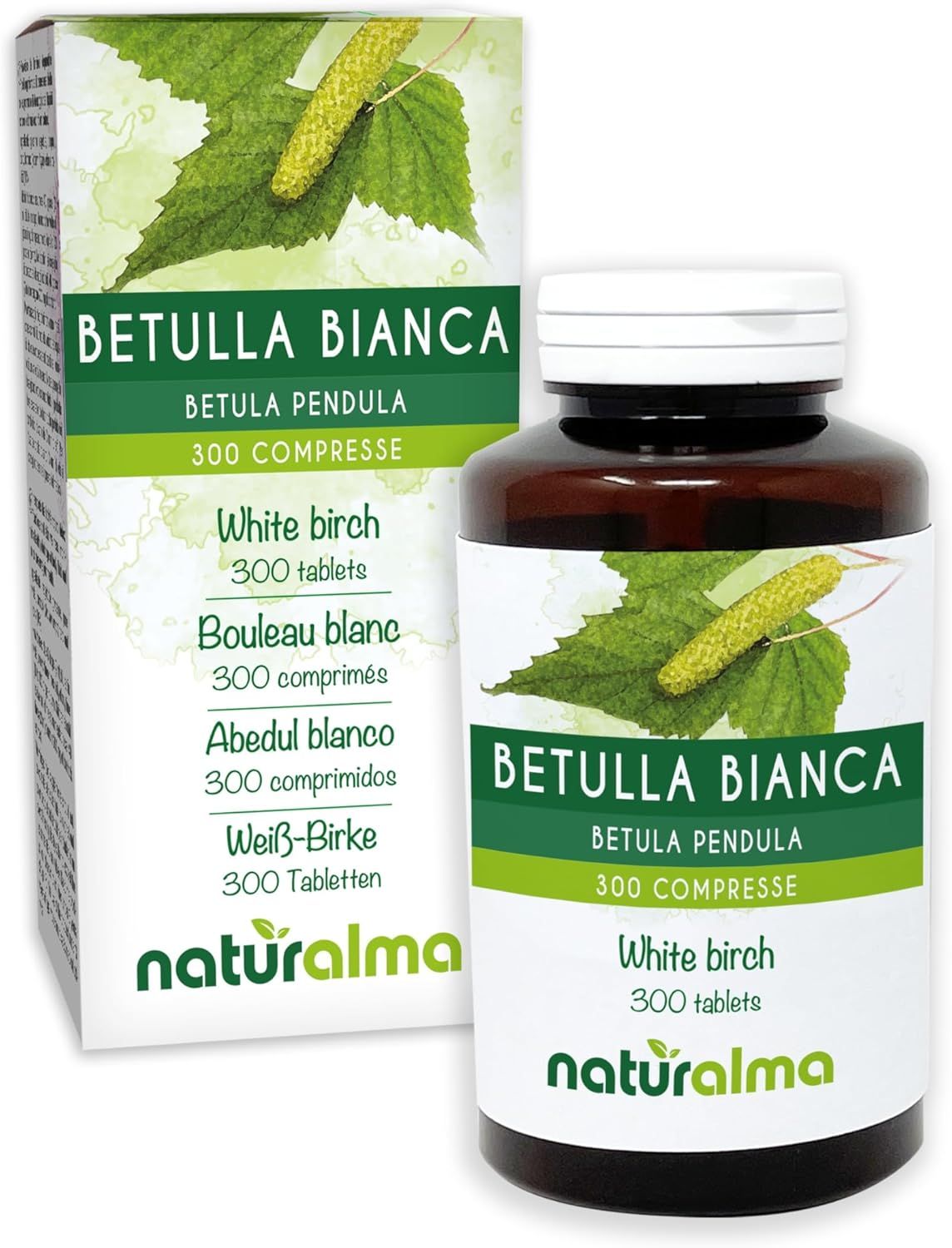 Produktverpackung mit Tablettenflasche. Aufschrift: Betulla Bianca, 300 Compresse, Weiß-Birke, Naturalma-Logo.
