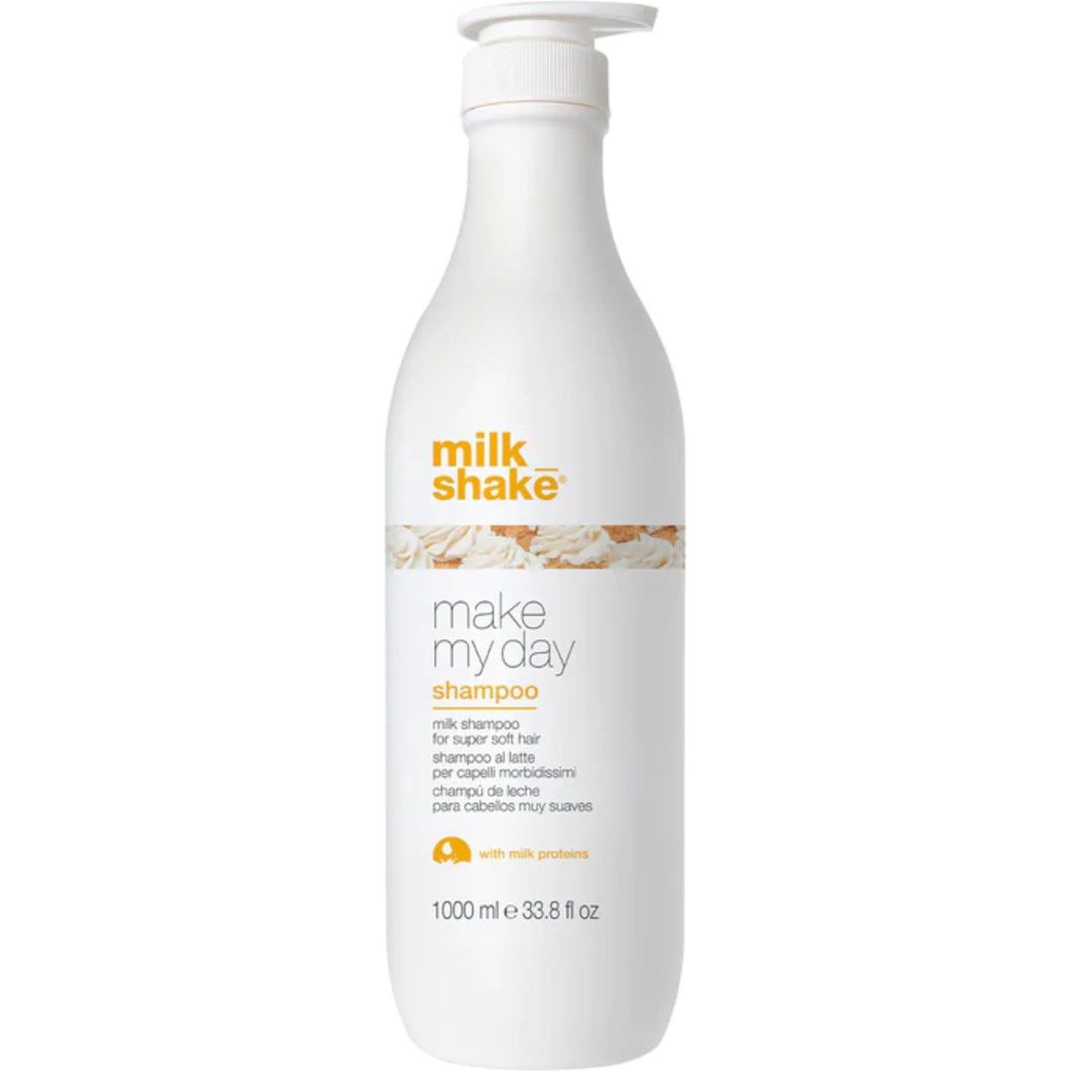 Weiße Pumpflasche des milk_shake Make My Day Shampoos mit Text.