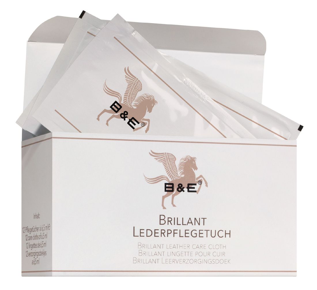 Weiße Box mit B&E Logo und Lederpflegetücher. Einzelne Tücher in Folie. Schriftzug: Brillant Lederpflegetuch.