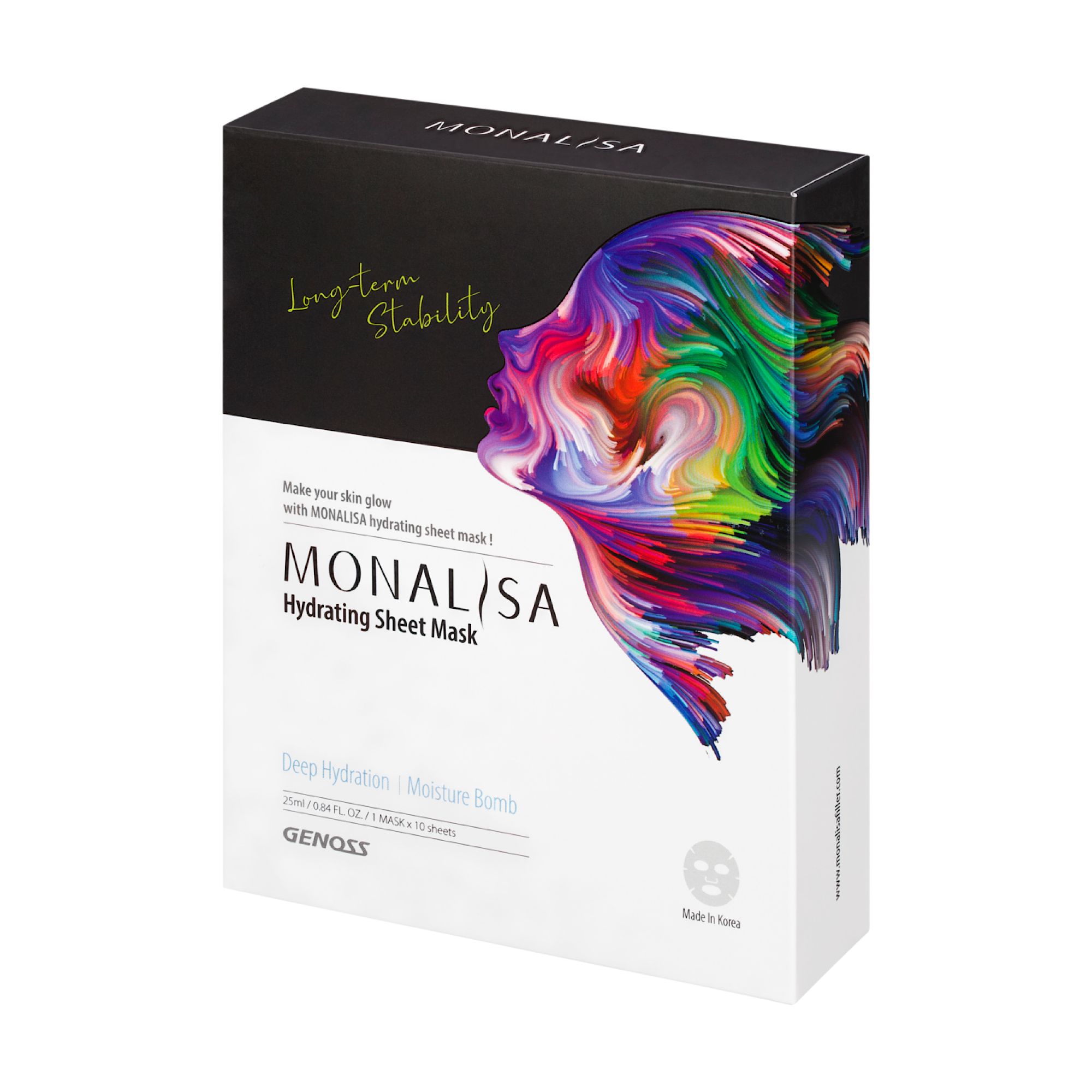 Verpackung der Monalisa Hydrating Sheet Mask. Schwarzer Deckel, weißer Körper. Aufschrift: Monalisa, Hydrating Sheet Mask. Farbiger Gesichtsumriss.