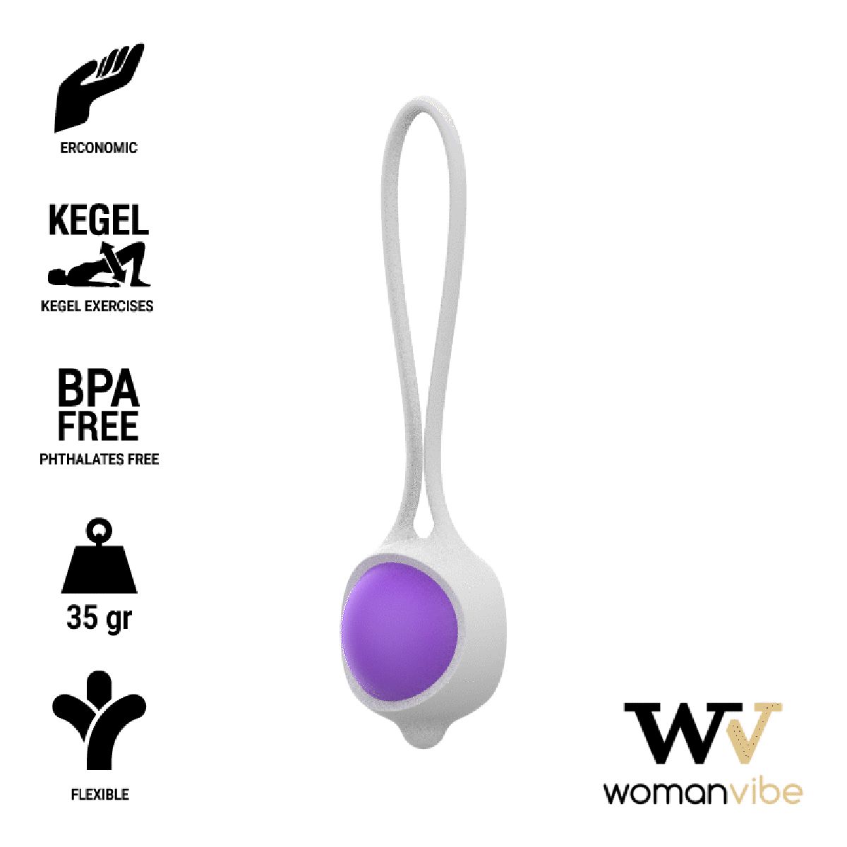 Weißes, ovales Silikon-Produkt mit lila Kugel. Mit Schlaufe. Aufschrift: Womanvibe. Zusätzliche Symbole: Ergonomisch, Kegel-Übungen, BPA-frei, 35 gr, flexibel.