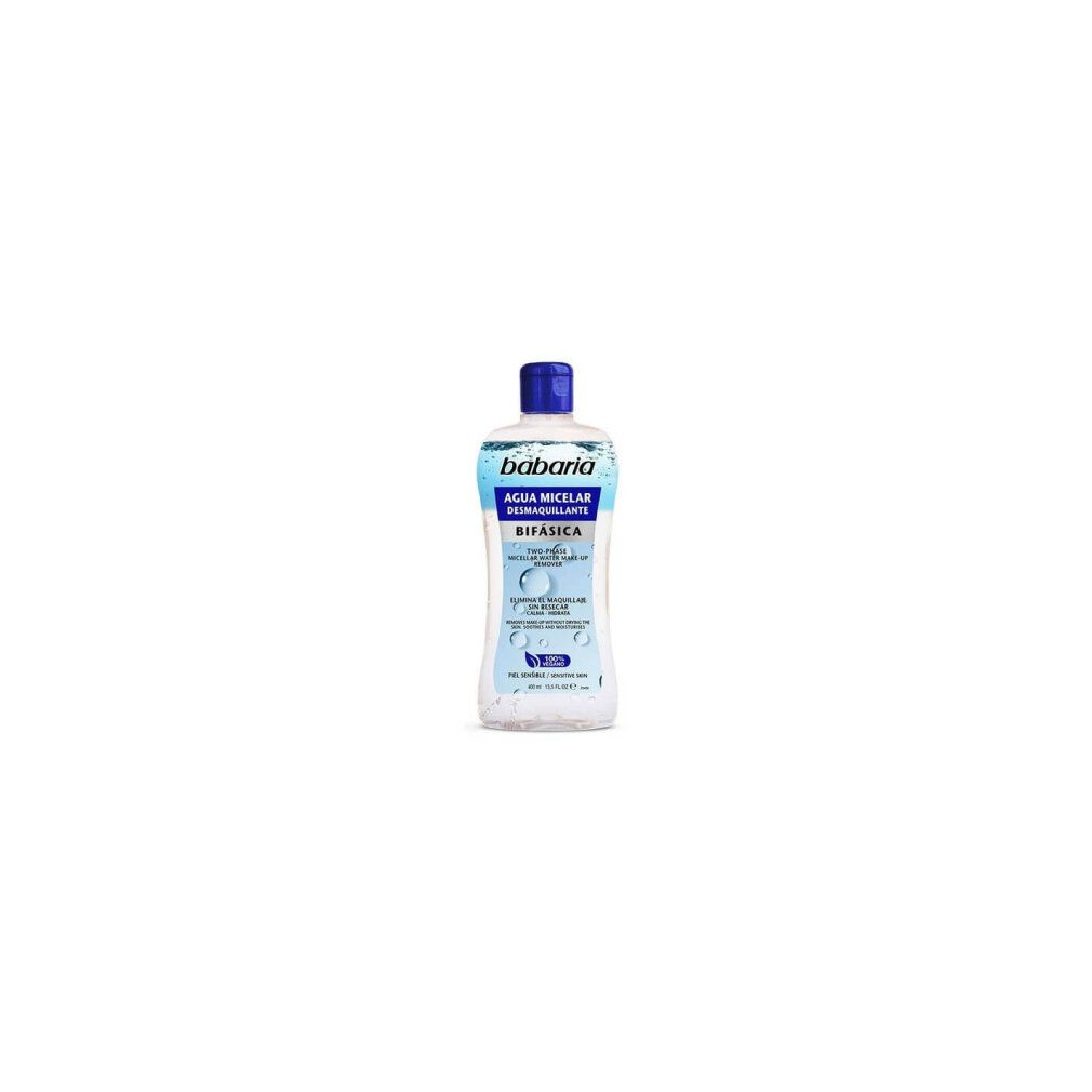 Babaria Micellar Bifasica Flasche. Blau-weißes Design. Produktname und Logo sichtbar.