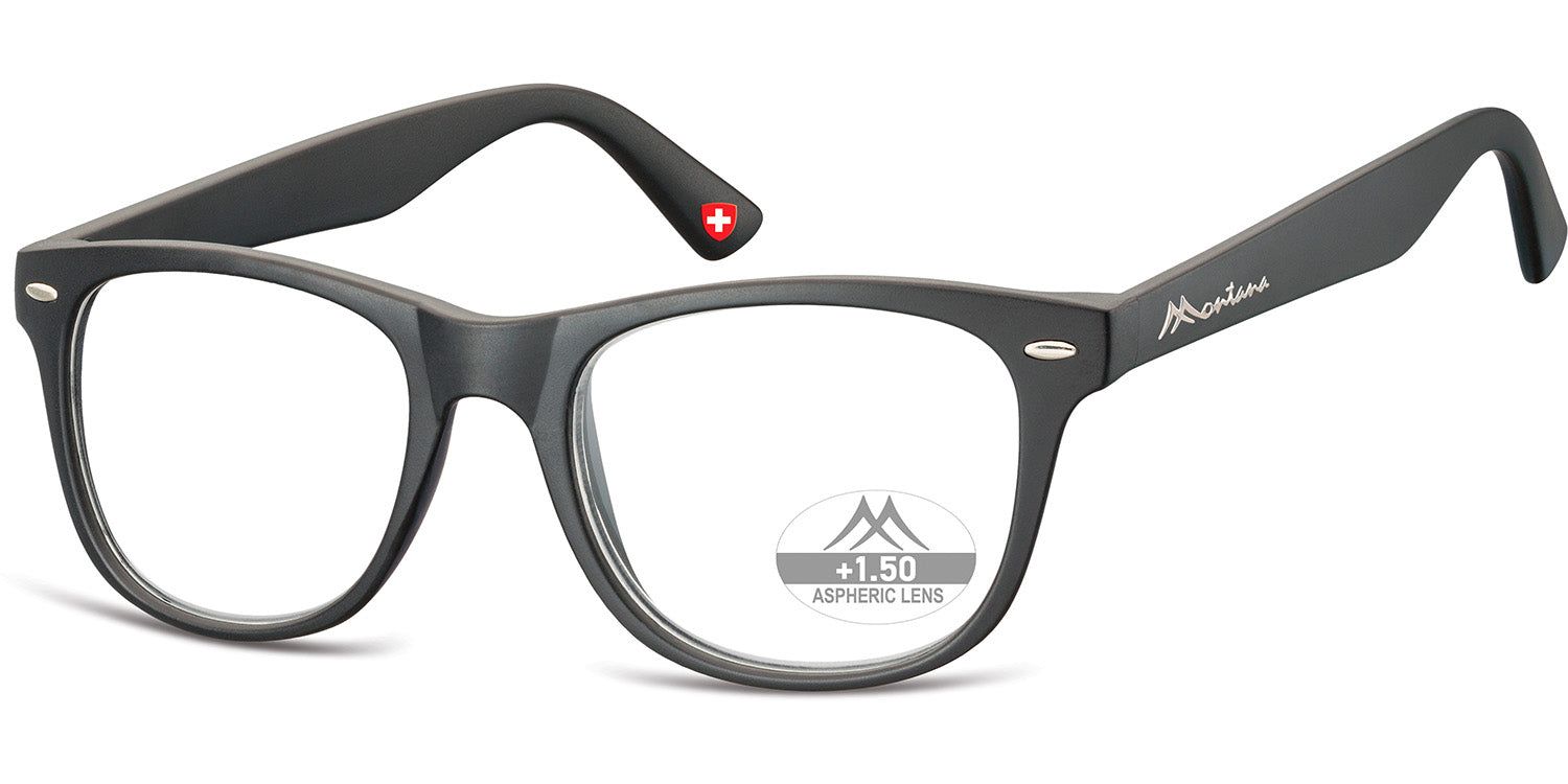 Schwarze Brille mit runden Gläsern. Auf dem rechten Bügel steht "Montana". Auf dem linken Bügel ist ein Schweizer Kreuz.