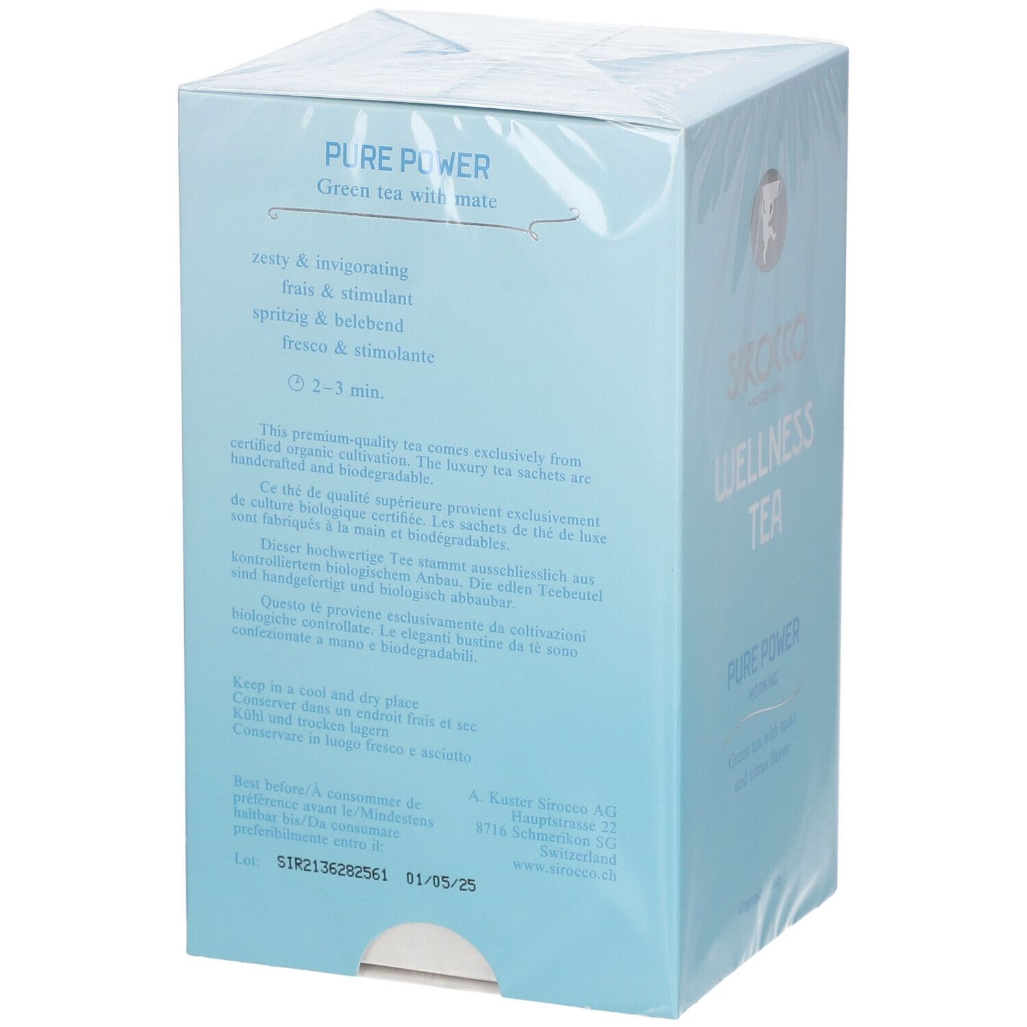 Rückseite der verpackten, hellblauen Schachtel. Text: Anwendungshinweise, Haltbarkeit, Herstellerinformationen. Bio-Siegel.