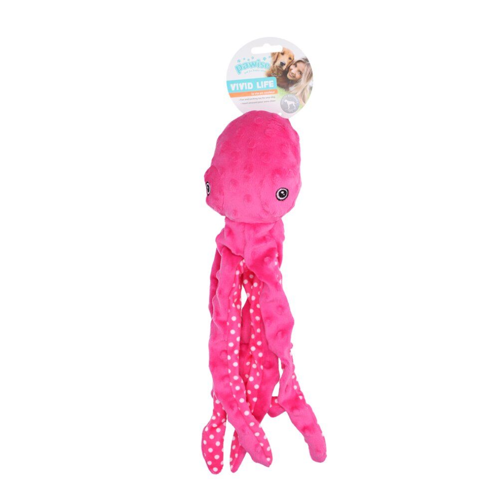 Rosa Plüsch-Oktopus mit weißen Punkten an den Tentakeln. Anhänger mit Logo und Produktname.