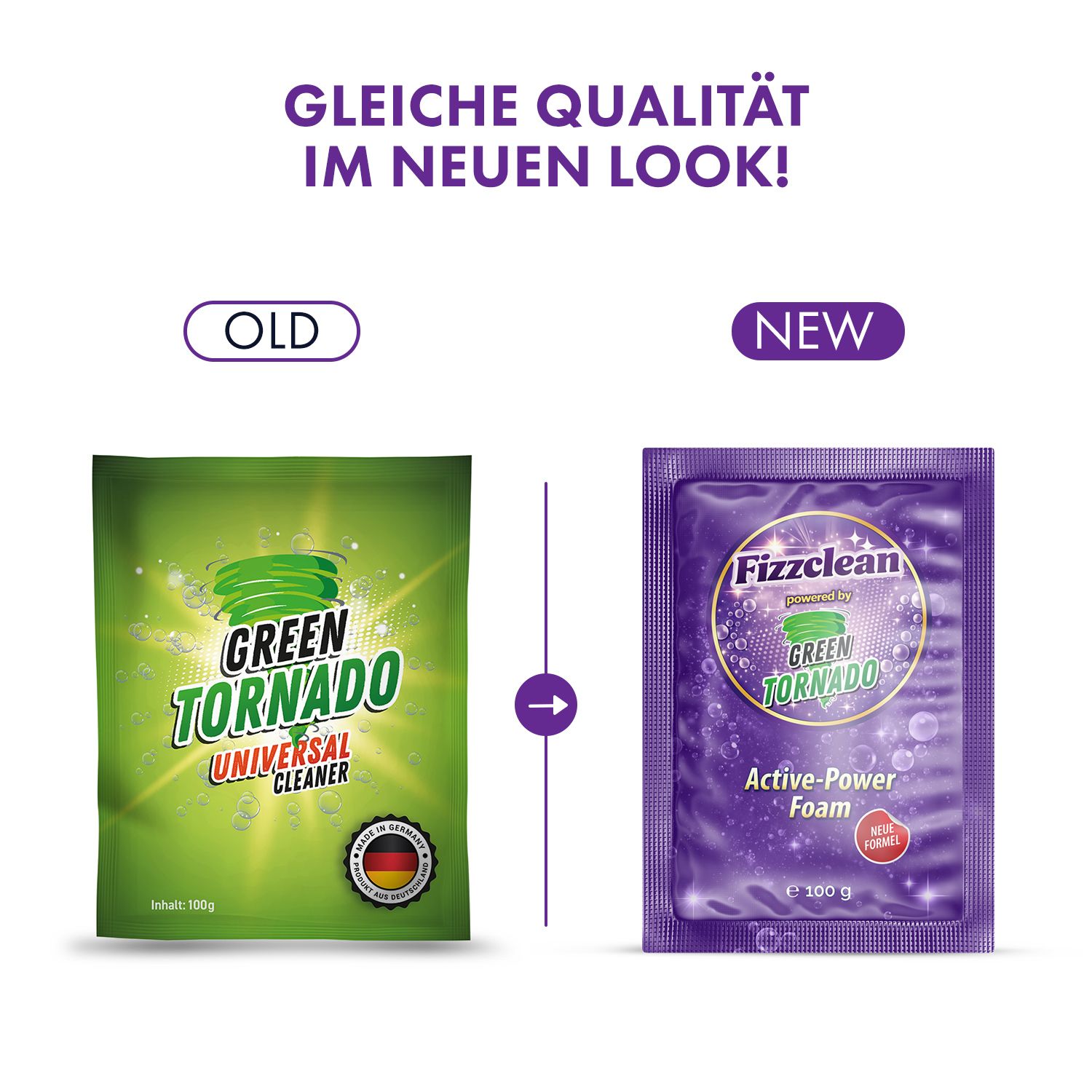 Vergleich der alten grünen und neuen lila Fizzclean-Verpackung.