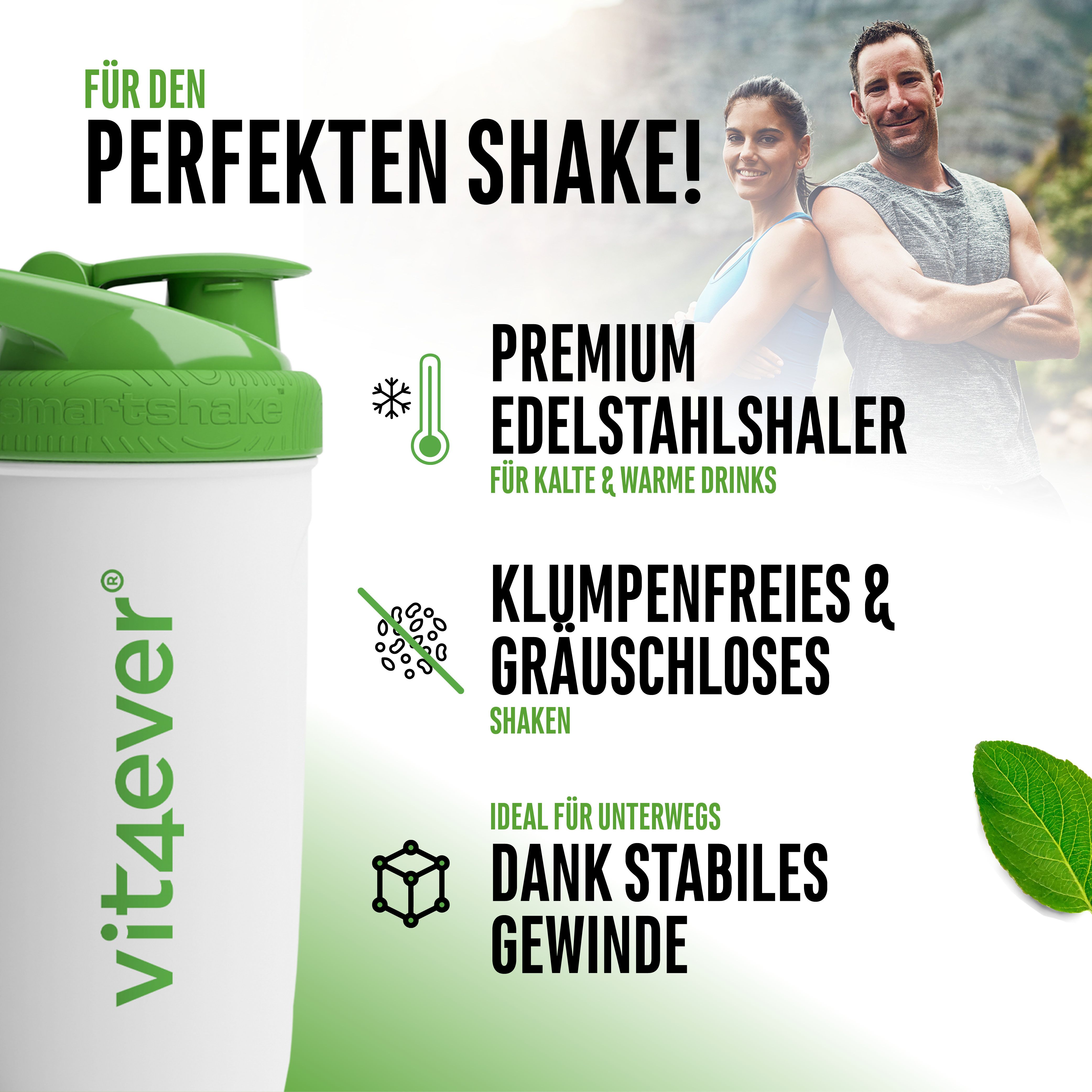 Shaker mit grünem Deckel, Text: Premium Edelstahlshaker. Text: vit4ever.