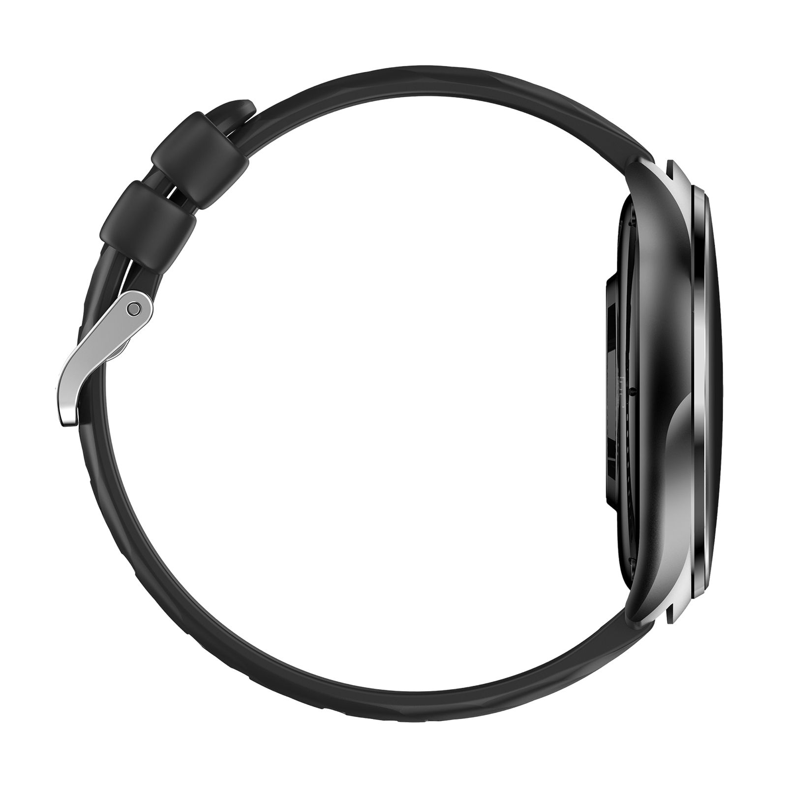 Schwarze Knauermann PRO 4 Smartwatch, Seitenansicht. Sichtbar: Gehäuse, Armband.