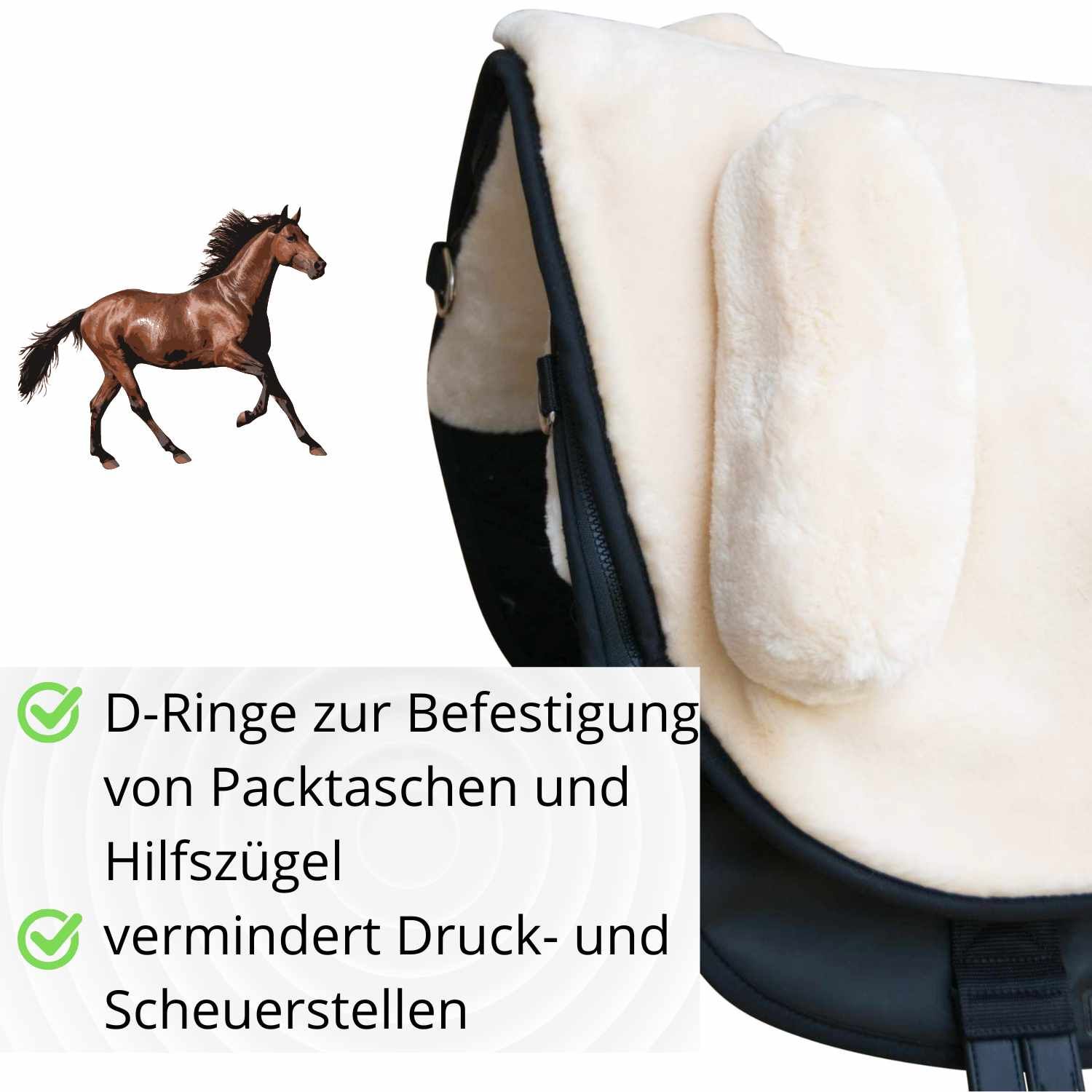 Detailansicht des Sattels. D-Ringe zur Befestigung. Reduziert Druck- und Scheuerstellen. Pferd im Hintergrund.