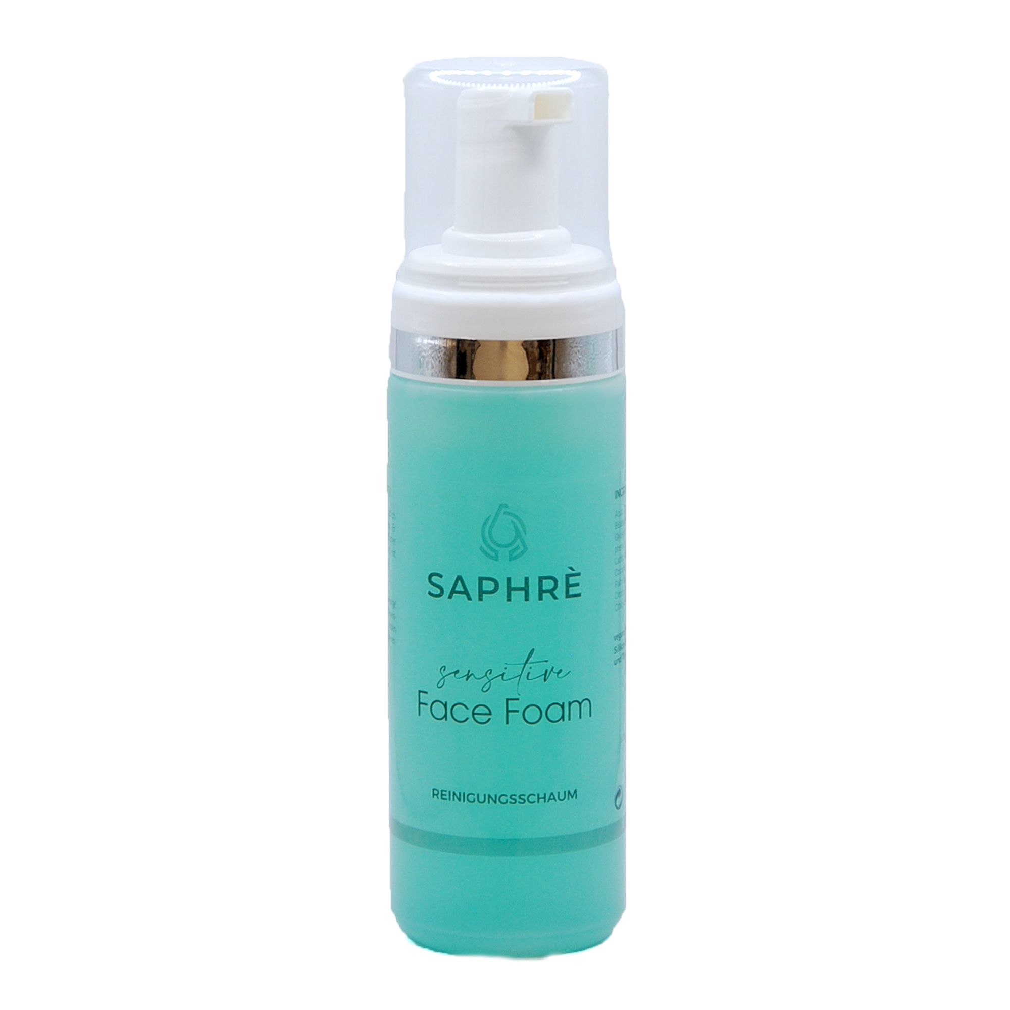 Türkisgrüne Flasche mit weißem Pumpkopf. Aufschrift: Saphre Sensitive Face Foam. Silberner Ring.