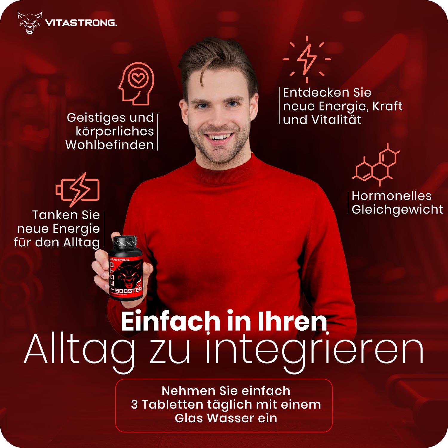 Mann mit Vitastrong Testobooster Flasche; Icons für Wohlbefinden und Energie.