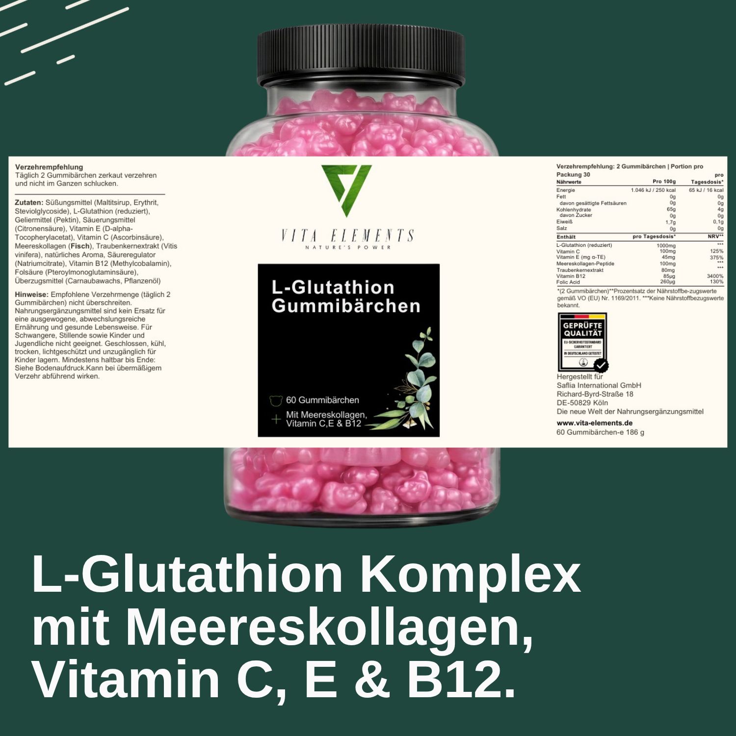 Flasche L-Glutathion Gummibärchen von Vita Elements mit Meereskollagen, Vitamin C, E & B12.