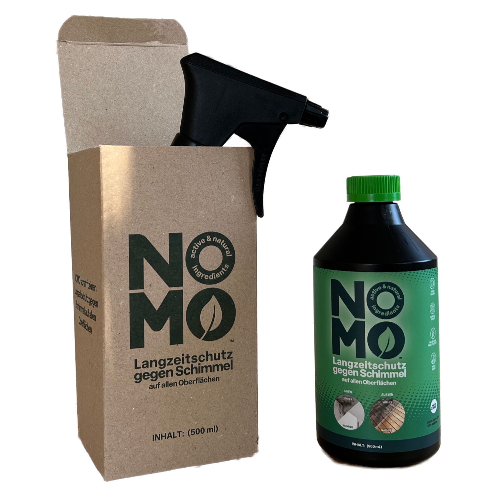 NOMO-Flasche mit Sprühkopf und Kartonverpackung. Enthält Langzeitschutz gegen Schimmel. Grüne Kappe.