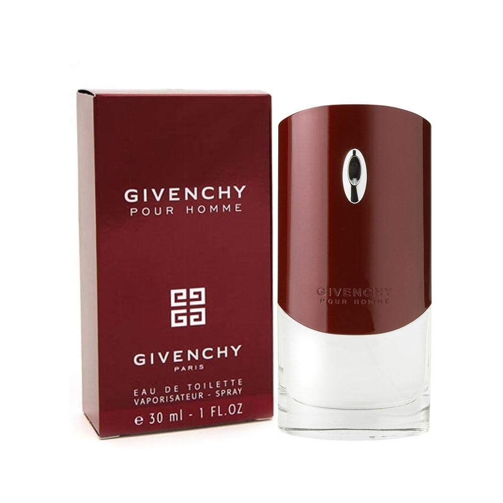Roter Karton und Flakon. Aufschrift: Givenchy Pour Homme. Eau de Toilette Spray. 30 ml.