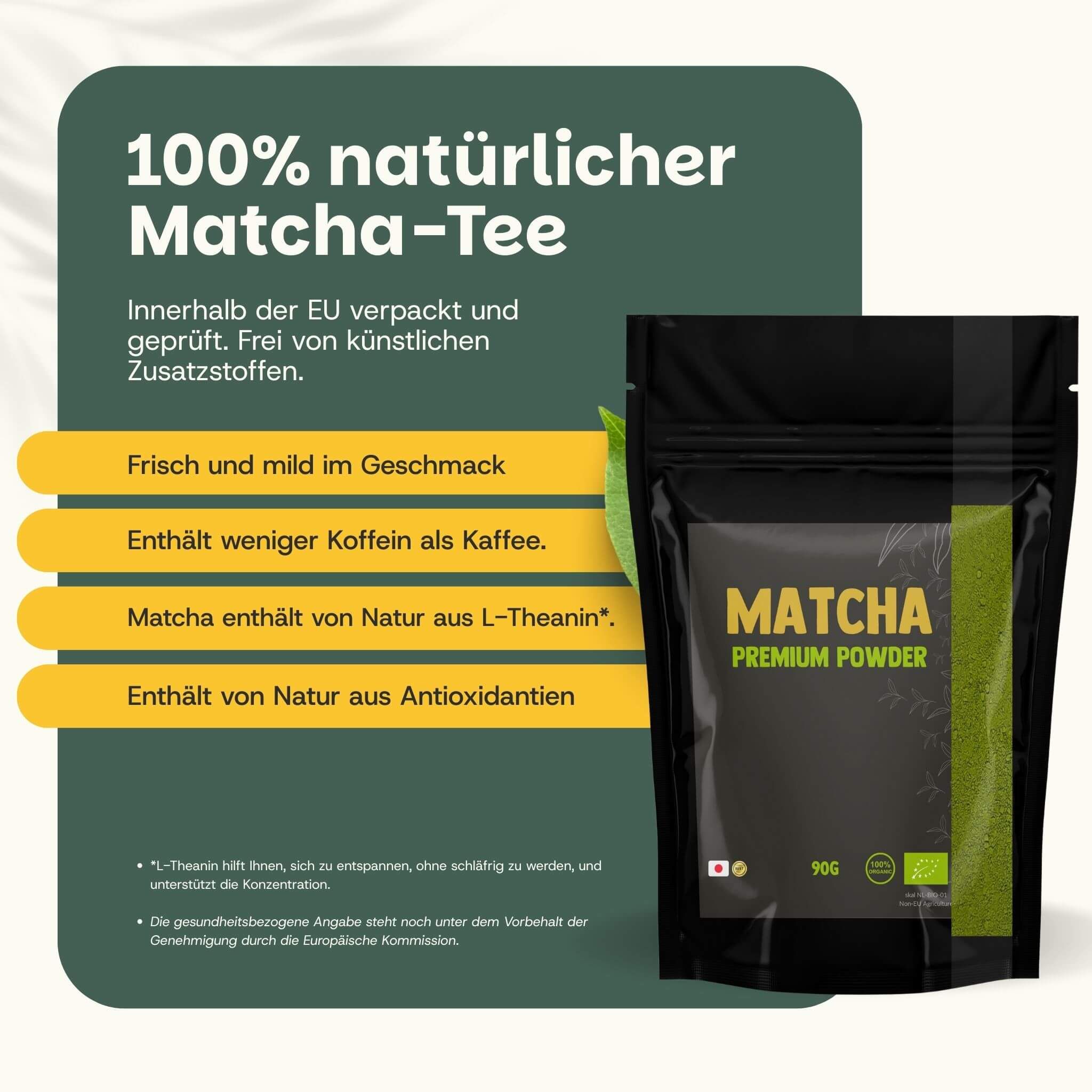 Schwarzer Beutel mit „Matcha Premium Powder“-Aufdruck. 90g, japanische Flagge, Bio-Siegel. Text: Vorteile.