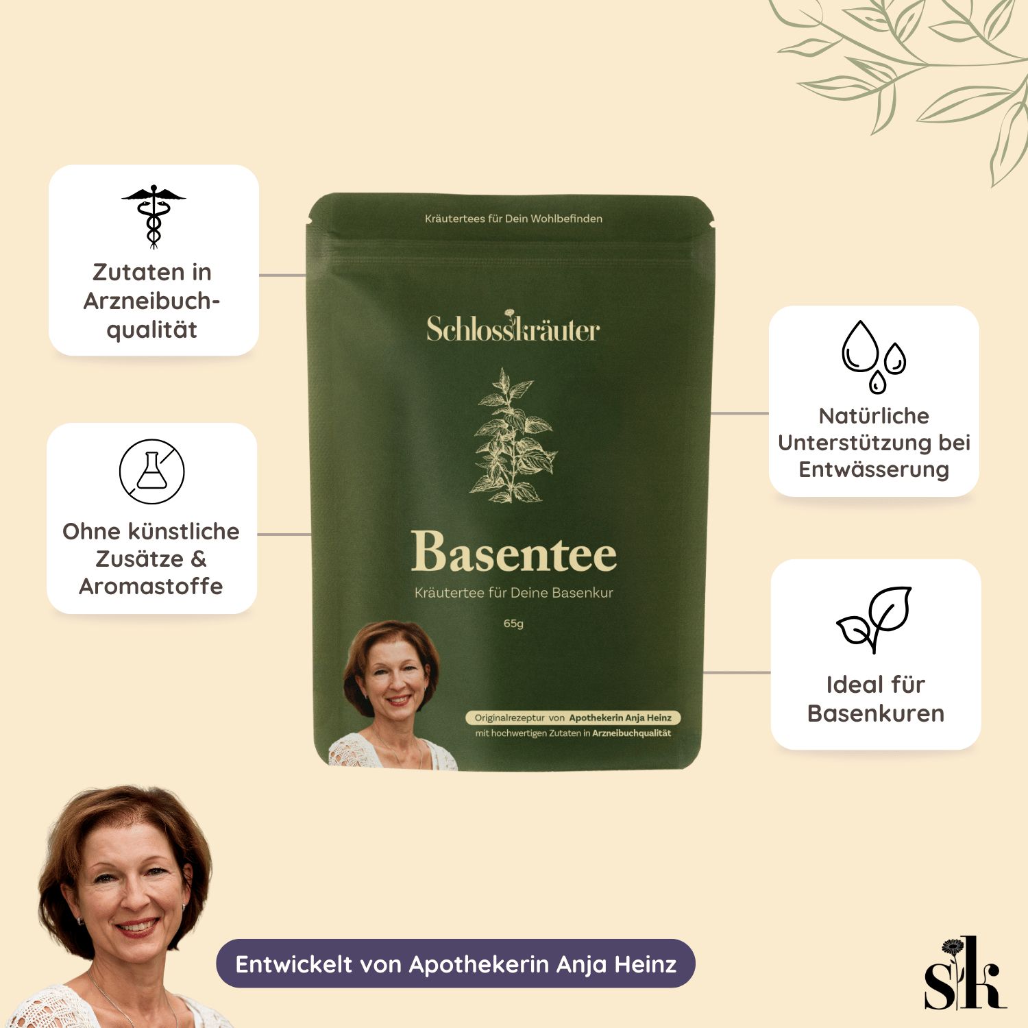 Grüne Verpackung von Schlosskräuter Basentee. Text: Basentee, Kräutertee, Zutaten in Arzneibuchqualität.