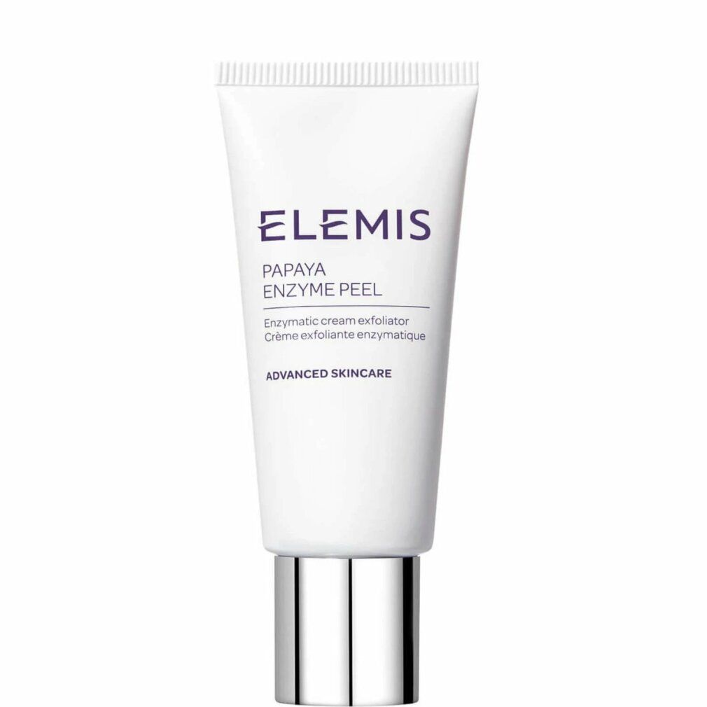 Weisse Tube mit silbernem Verschluss. Aufschrift: Elemis Papaya Enzyme Peel, Advanced Skincare.