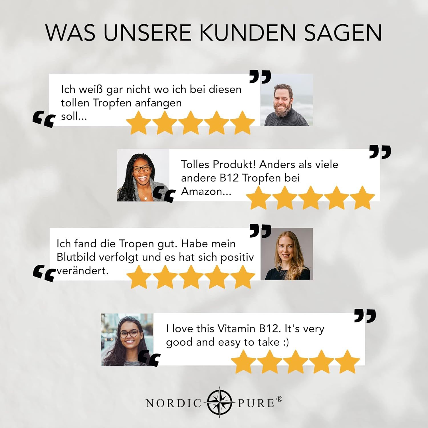 Kundenbewertungen. Zitate mit 5-Sterne-Bewertungen. Nordic Pure Logo.