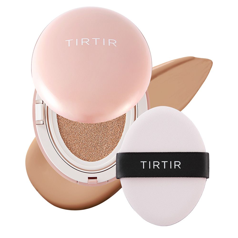 TIRTIR Mask Fit All Cover Cushion in Rosa mit Foundation-Swirl und Applikator.