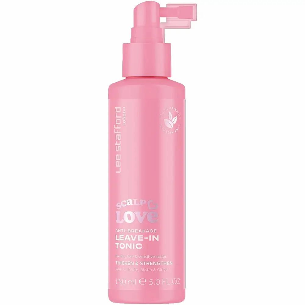 Rosa Flasche mit Sprühkopf. Aufschrift: Scalp Love Leave-in Tonic. Anti-Breakage. Marke: Lee Stafford. Vegan-Logo.