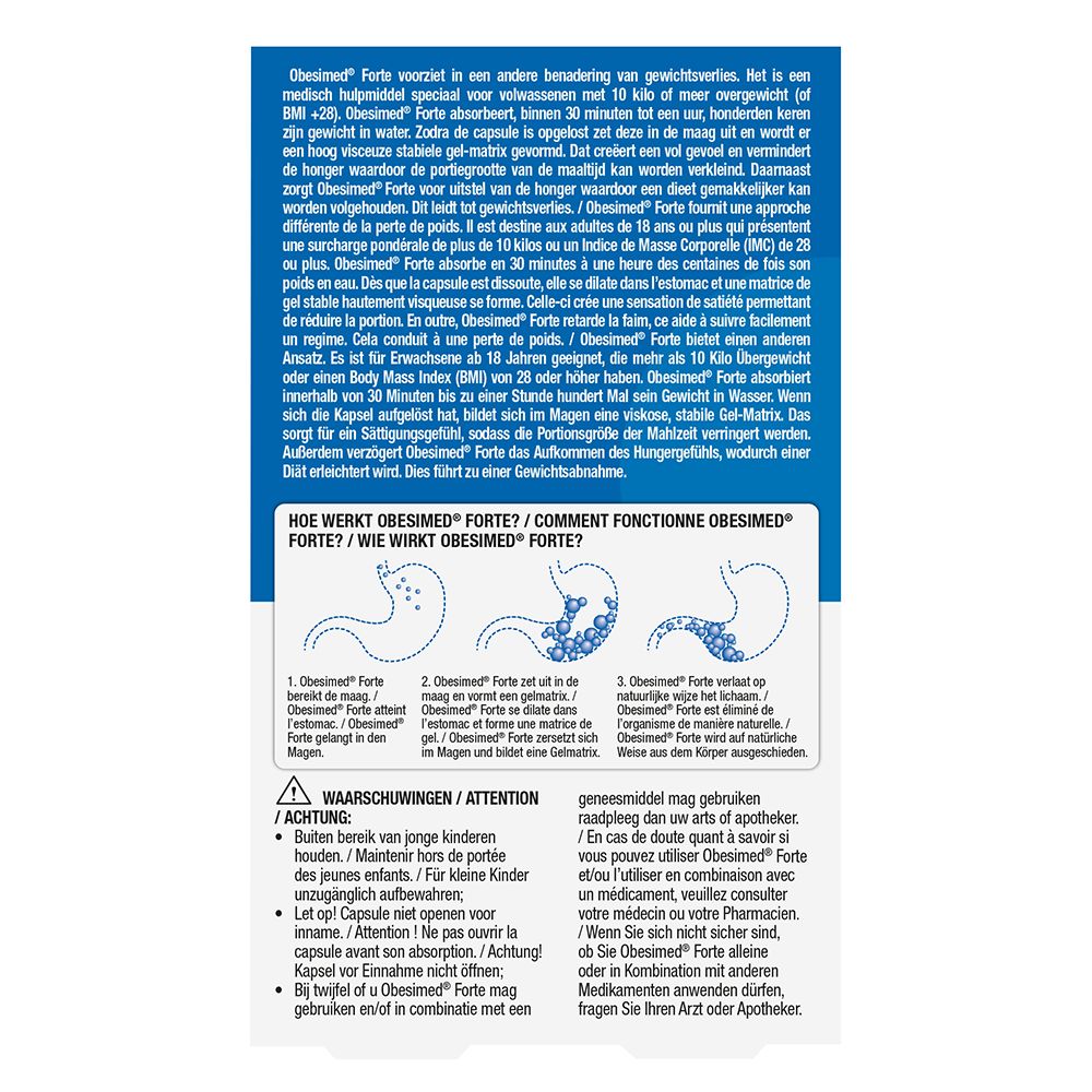 Rückseite der Obesimed Forte Verpackung. Text in mehreren Sprachen, Diagramme zur Wirkungsweise und Warnhinweise.