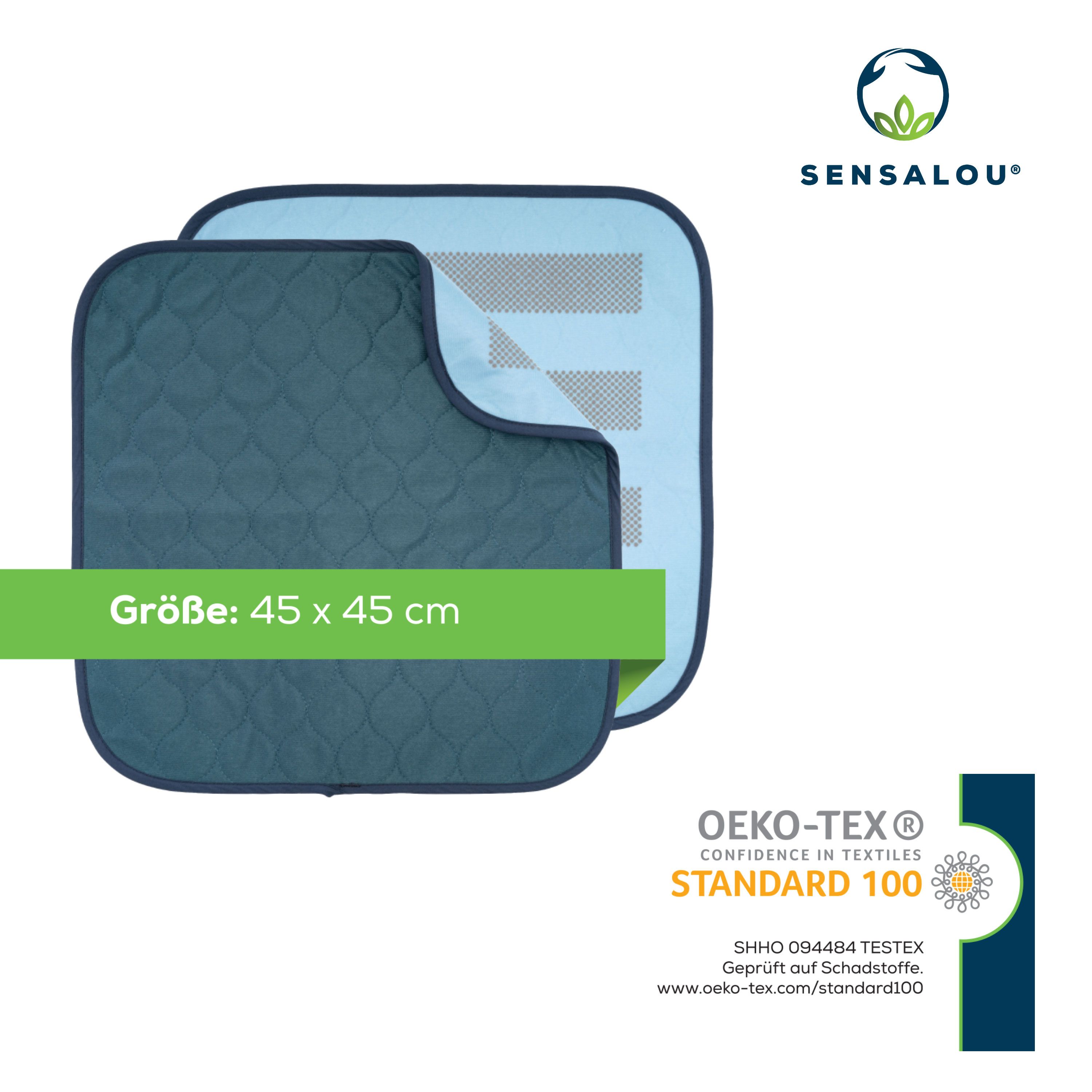 Blaue Sitzauflage mit OEKO-TEX-Zertifizierung. Größe 45 x 45 cm. Sensalou Logo.