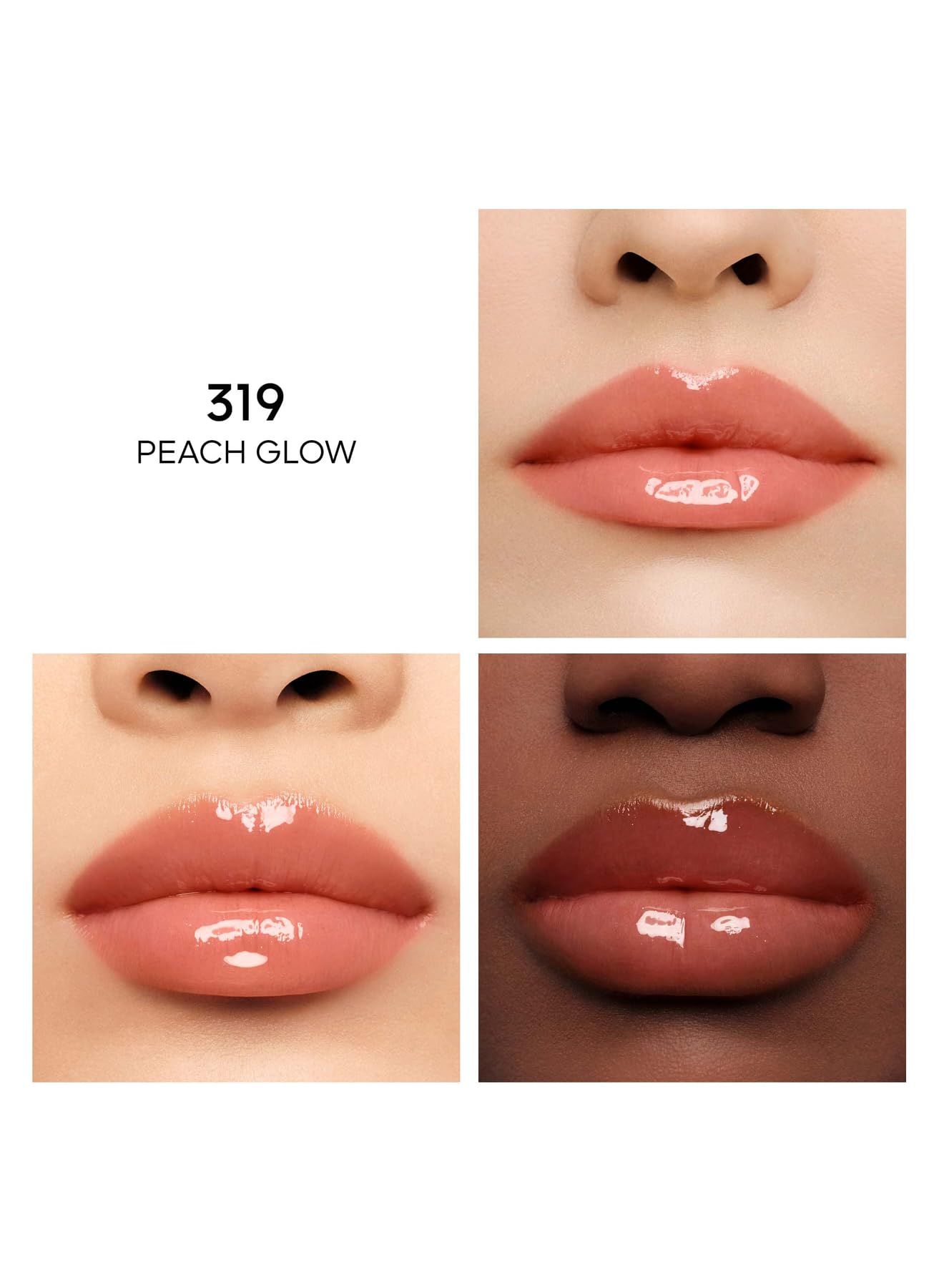 Vier Lippen-Nahaufnahmen. Oben links: Text „319 PEACH GLOW“. Lippen mit glänzendem, pfirsichfarbenem Glanz. Verschiedene Hauttöne.