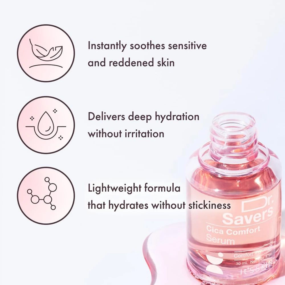 Rosa Serumflasche mit weißem Deckel. Text: Dr. Savers Cica Comfort Serum. 30 ml.