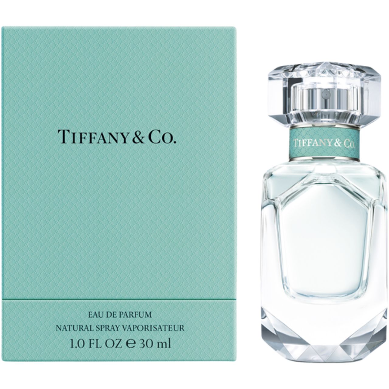 Tiffany & Co. Eau de Parfum Flakon und Schachtel. Türkisfarbene Schachtel mit Logo. Klarer Flakon mit Deckel.