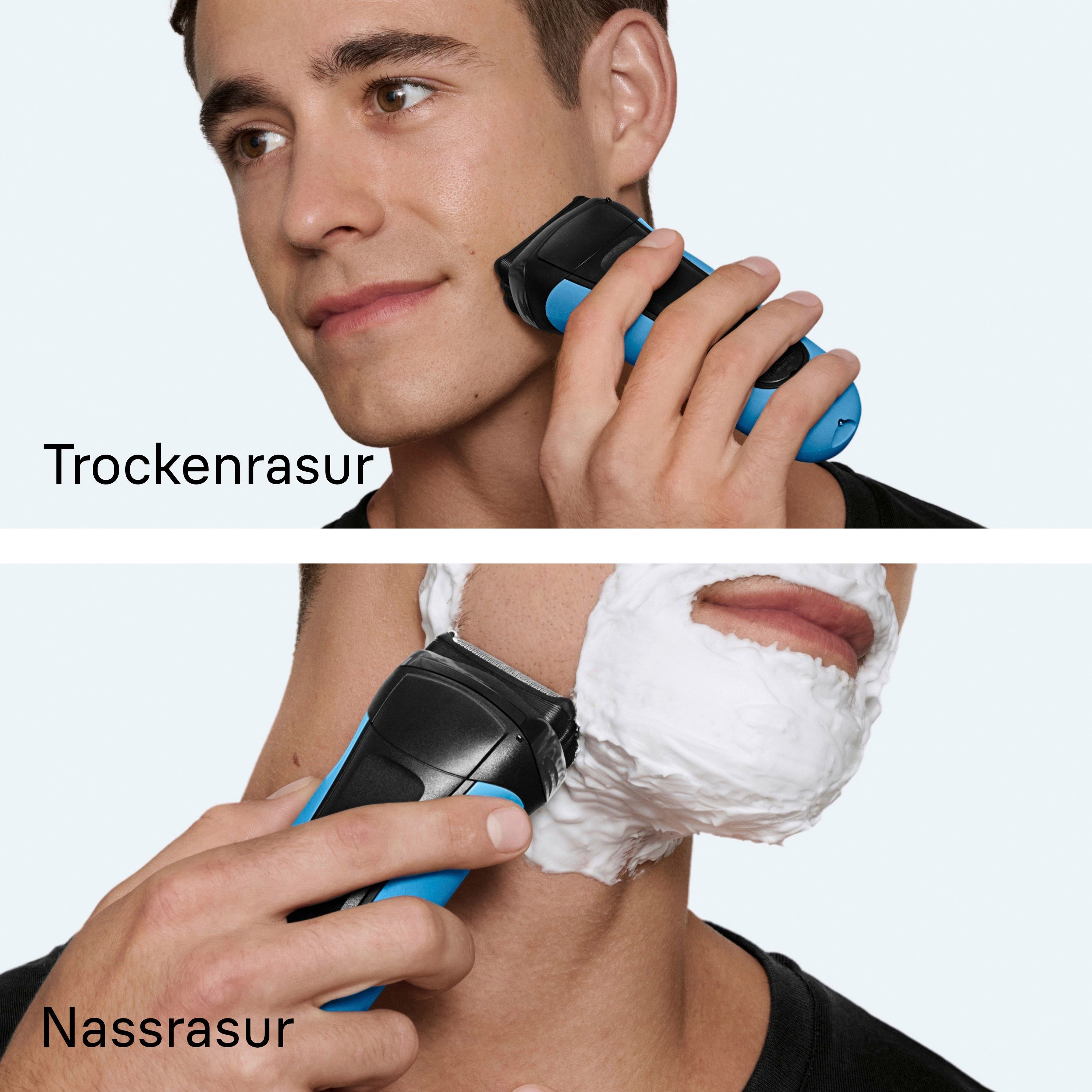 Braun Series 3 Rasierer in Gebrauch: Trockenrasur und Nassrasur mit Rasierschaum.