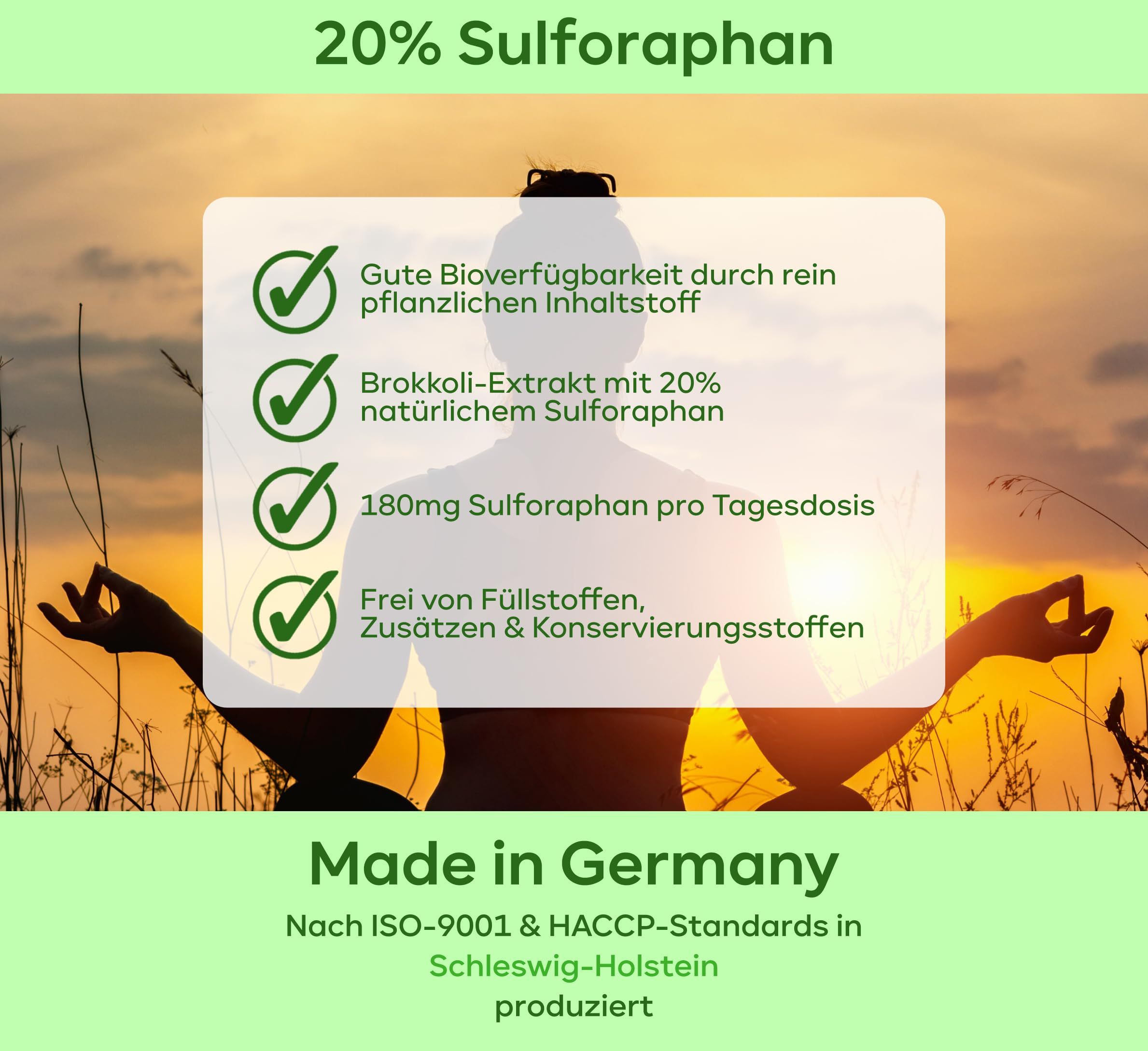 Grafik mit grünen Häkchen und Text. Gute Bioverfügbarkeit, Brokkoli-Extrakt, 180mg Sulforaphan, frei von Zusatzstoffen. Made in Germany.