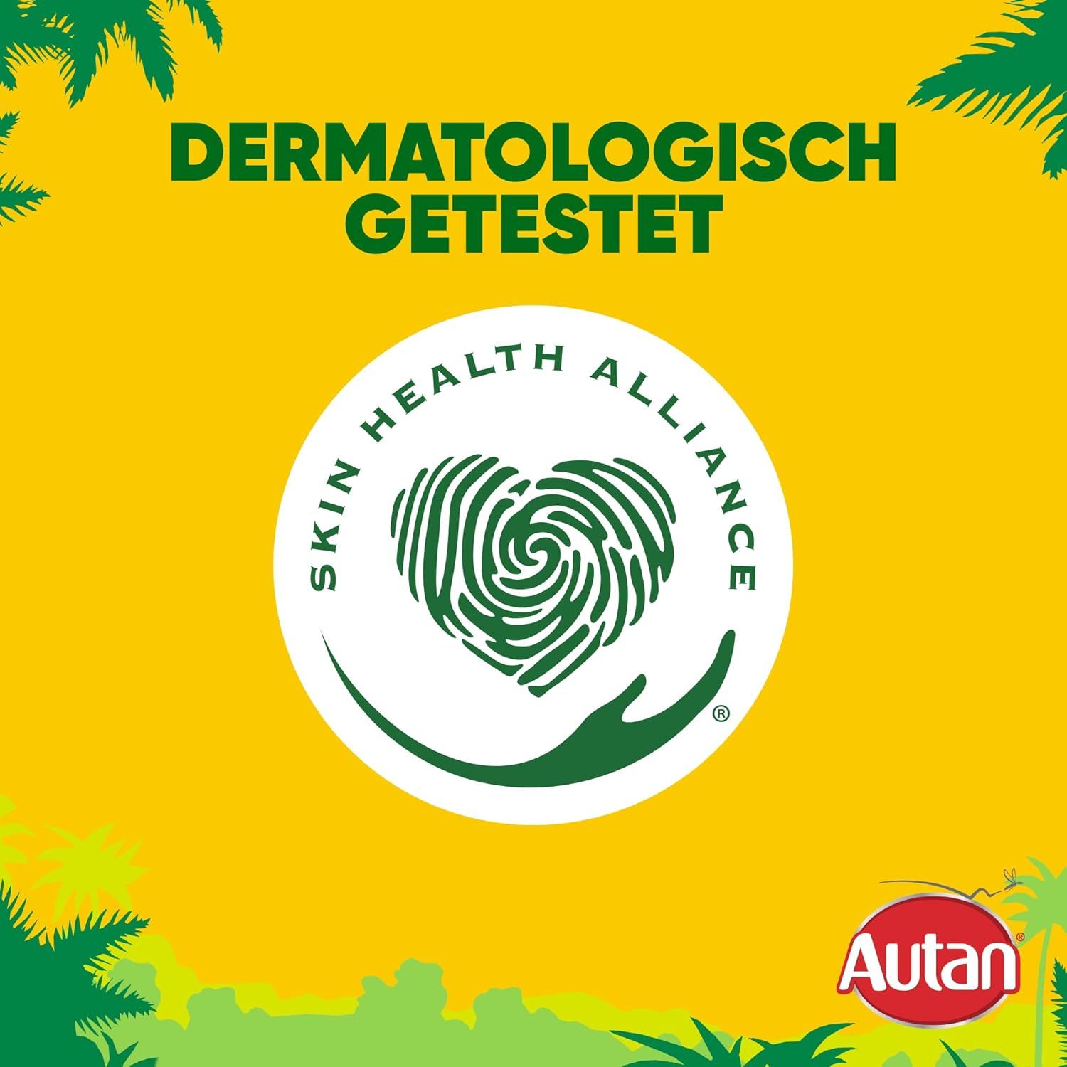 Gelber Hintergrund mit Text: Dermatologisch getestet. Logo: Skin Health Alliance. Autan Logo.