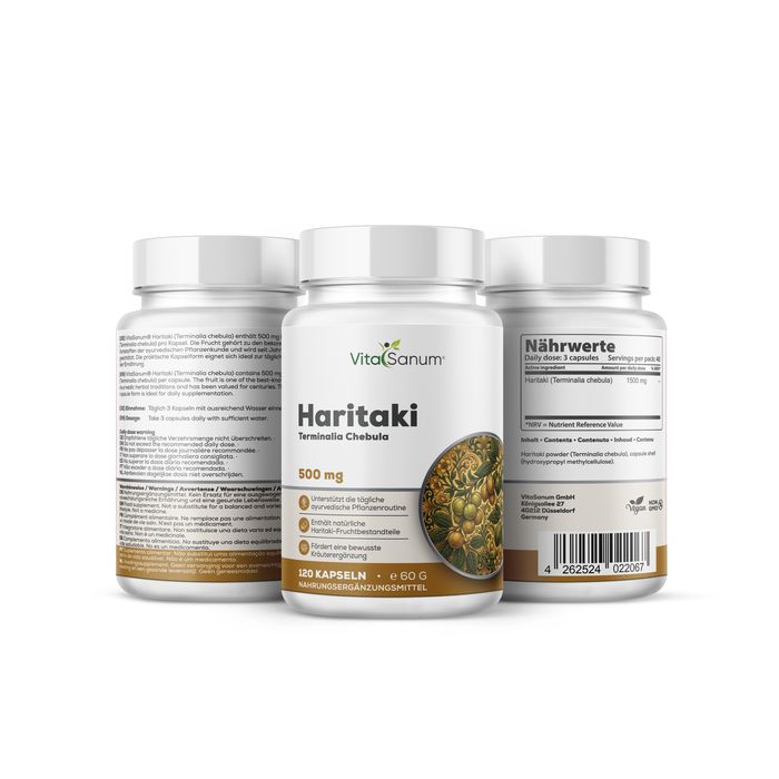 Drei Behälter VitaSanum Haritaki Kapseln, 500 mg. Einer zeigt die Vorderseite, zwei die Rückseite mit Nährwertangaben.