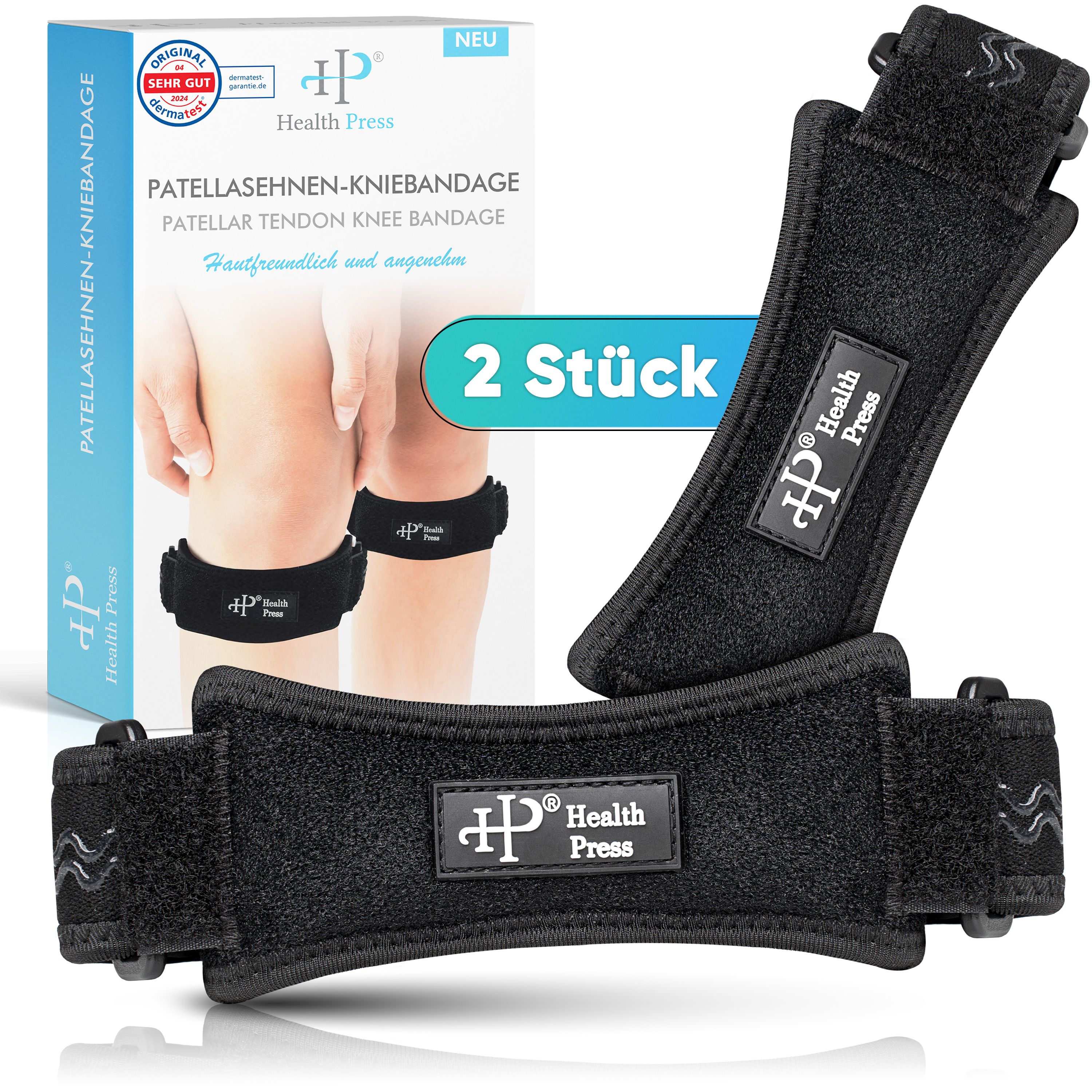 Zwei schwarze Kniebandagen, eine in Verpackung. Marke: Health Press. Text: Patellasehnen-Kniebandage, 2 Stück.