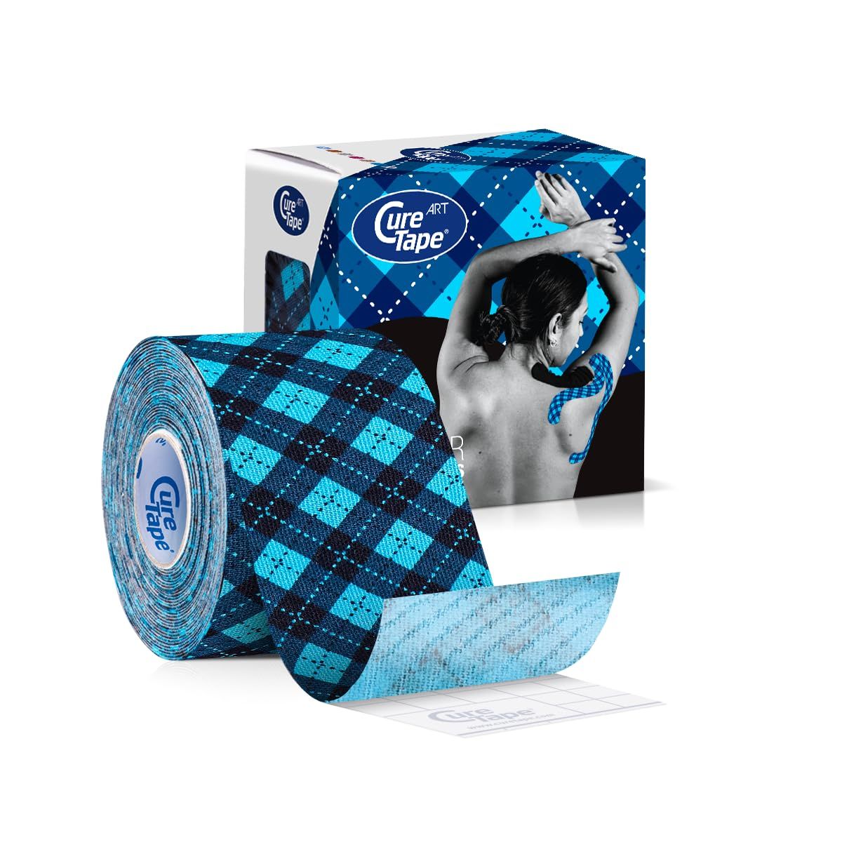 CureTape-Rolle mit blauem Tartan-Muster und Verpackung. Logo CureTape. Person mit Tape am Rücken.