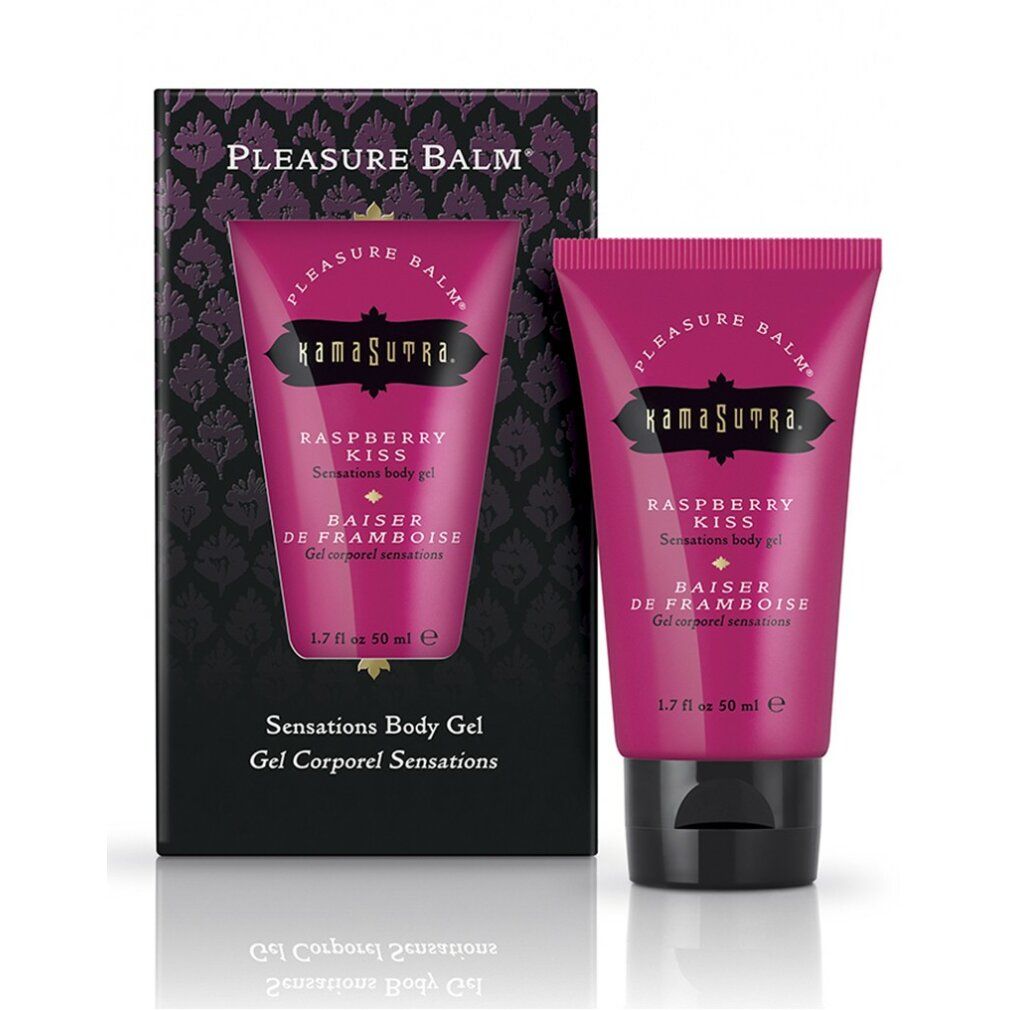 Kamasutra Pleasure Balm Himbeere Sensations Body Gel in Pinker Tube und Kartonverpackung.
