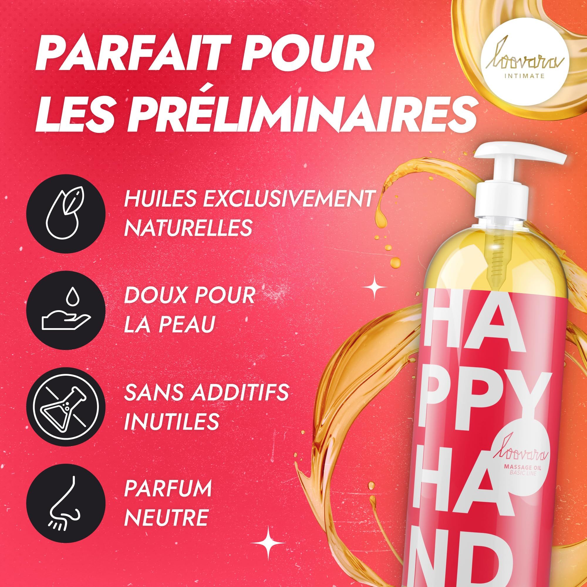 Flasche Loovara Happy Hand Massageöl mit Icons für 'Natürliche Öle', 'Sanft zur Haut', 'Ohne Zusätze', 'Neutraler Duft'.